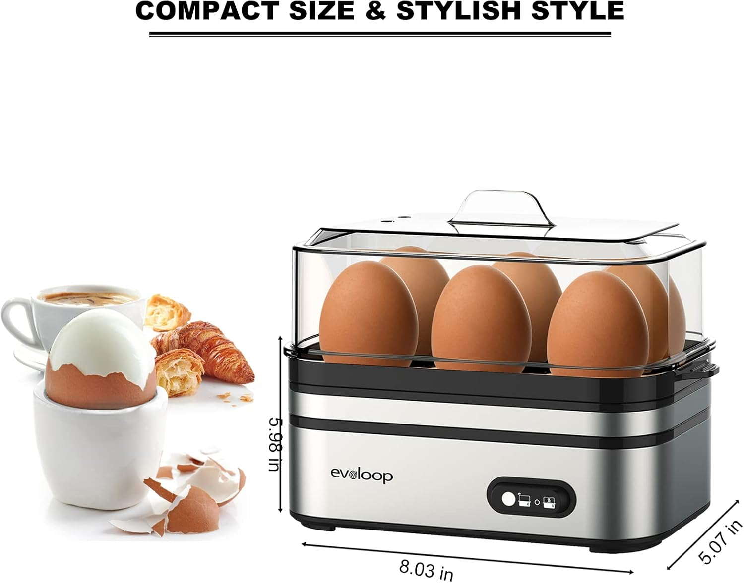 Evoloop - Olla de huevos rápida eléctrica, capacidad de 6 huevos, suave, mediano, hervida, cazador furtivo para huevos con apagado automático, sin BPA