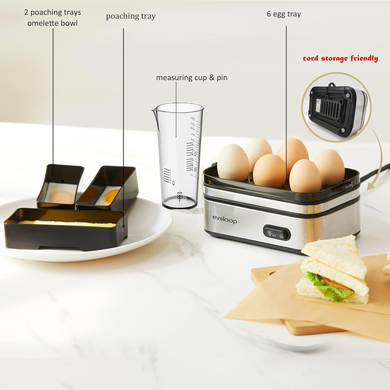 Evoloop - Olla de huevos rápida eléctrica, capacidad de 6 huevos, suave, mediano, hervida, cazador furtivo para huevos con apagado automático, sin BPA