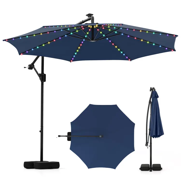 Sombrilla solar voladiza para patio de 10 pies con base — Sombrilla colgante descentrada para exteriores con 96 luces LED, 9 modos, ajuste de inclinación y rotación de 360° con manivela — Ideal para piscinas, patios, terrazas y jardines — Ofertas exclusiv