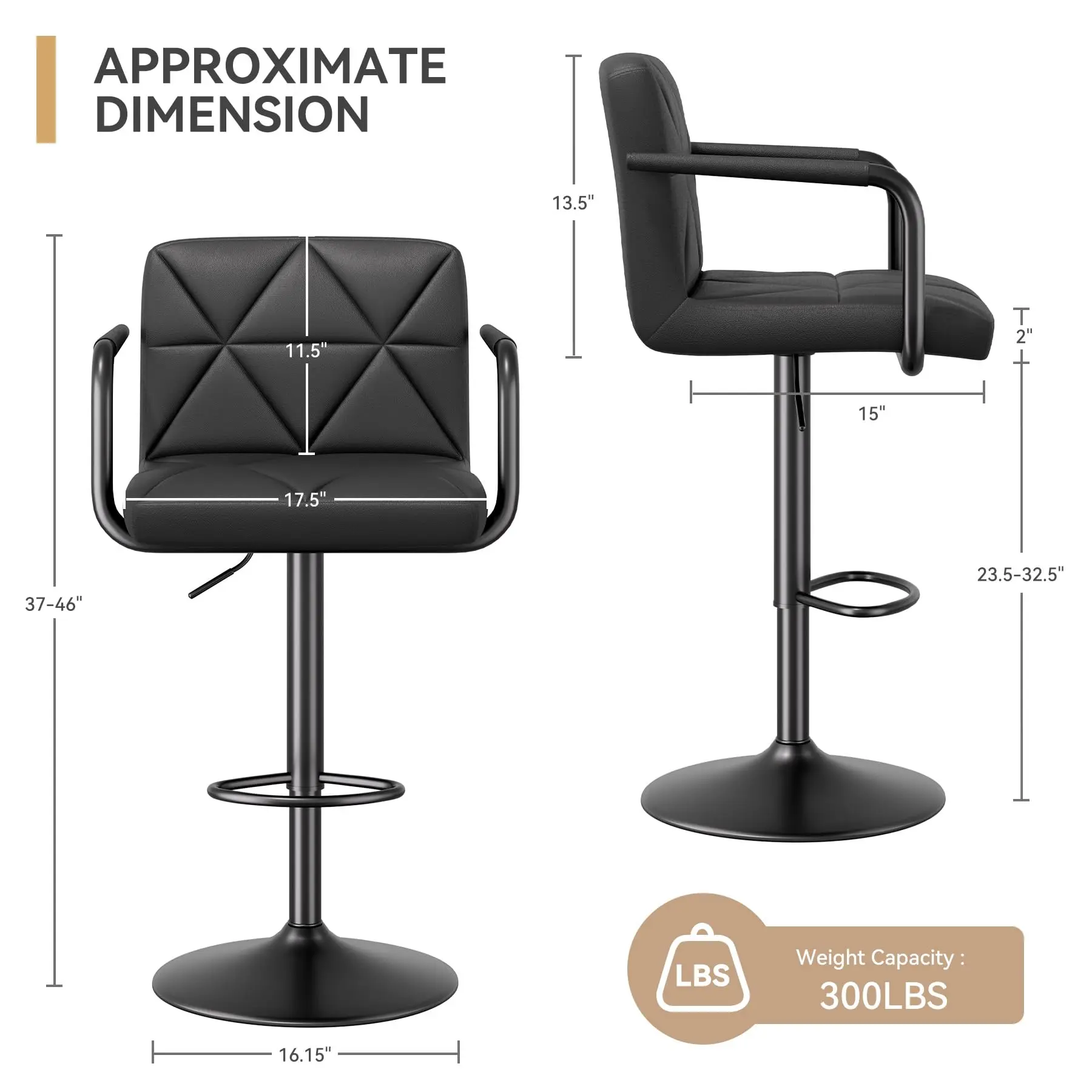 Oferta especial: Juego de 2 taburetes de bar — Altura ajustable (25.5-34.5 pulgadas), con respaldo y reposabrazos; sillas giratorias tapizadas en cuero sintético, altura de mostrador.