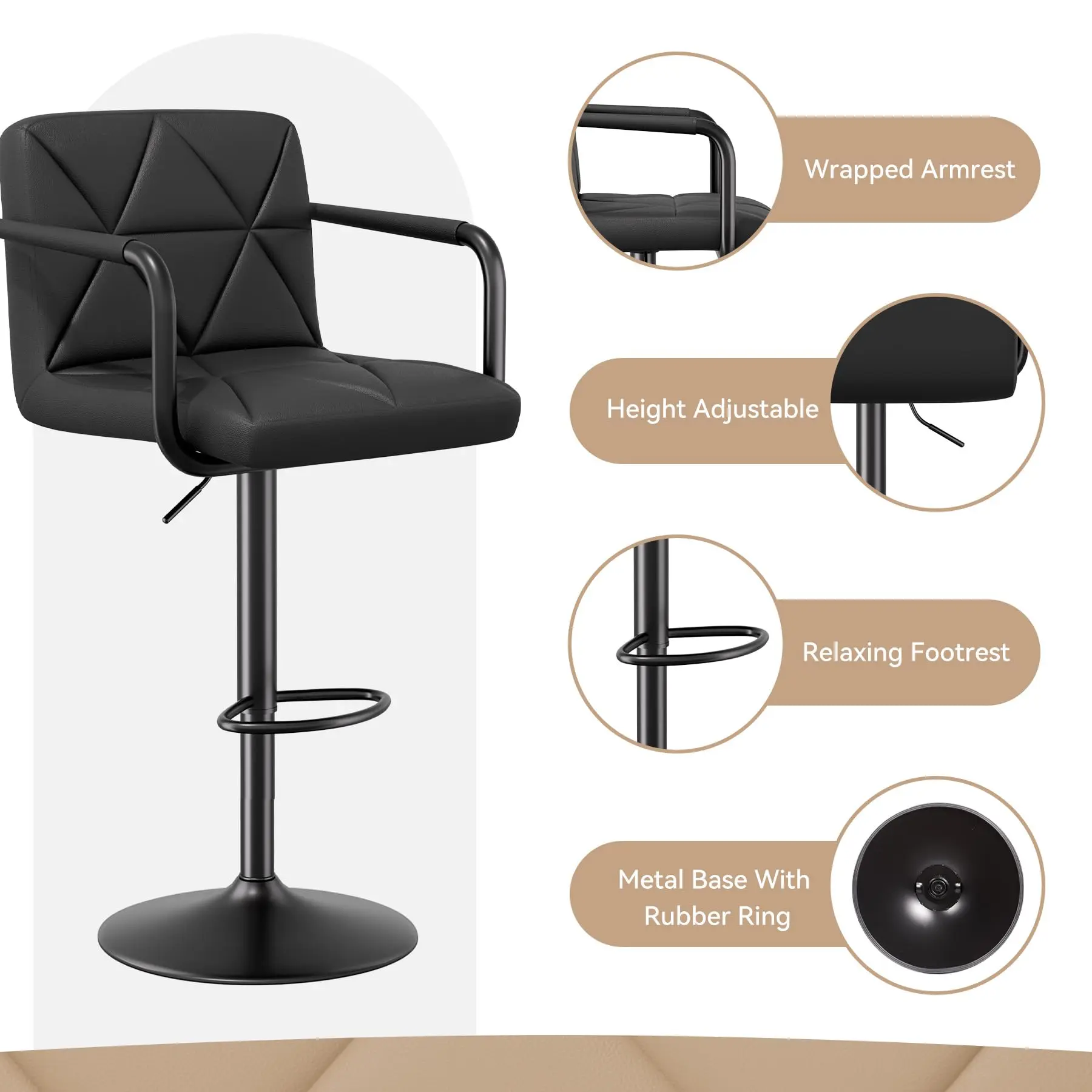 Oferta especial: Juego de 2 taburetes de bar — Altura ajustable (25.5-34.5 pulgadas), con respaldo y reposabrazos; sillas giratorias tapizadas en cuero sintético, altura de mostrador.