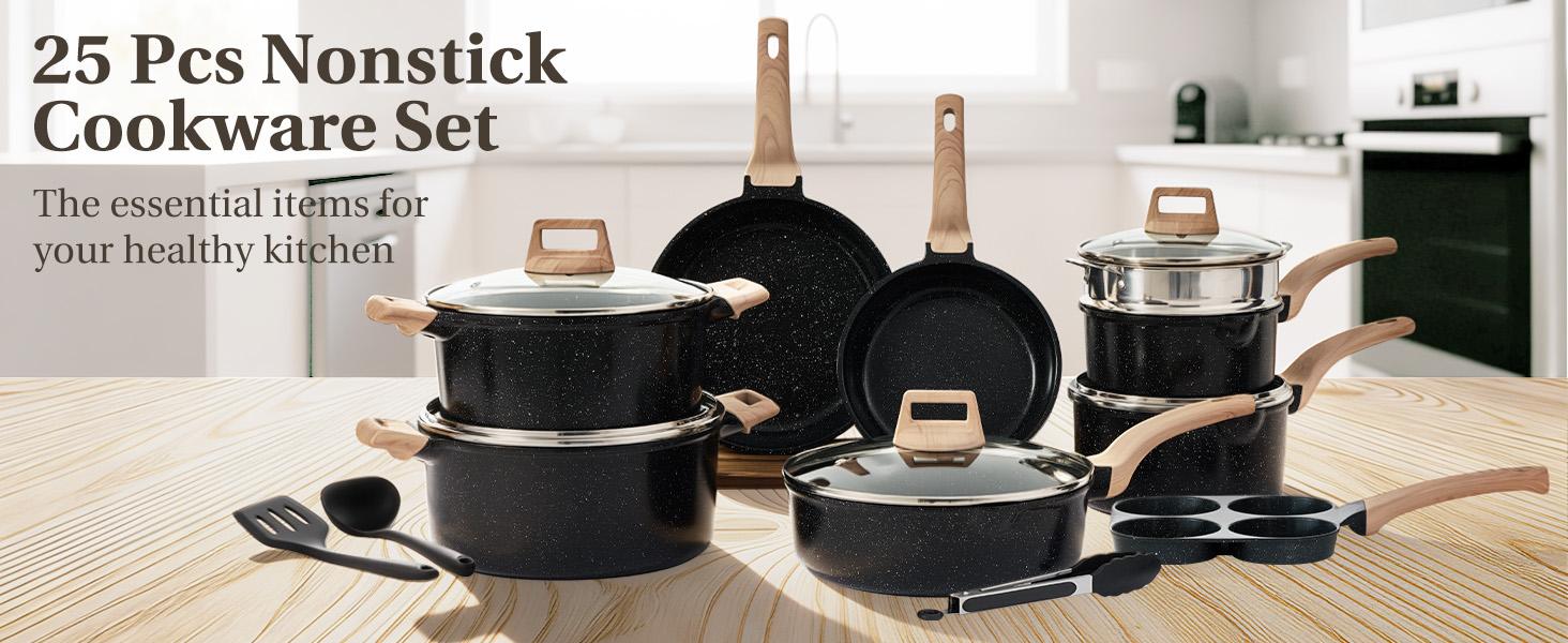 Sweetcrispy 25-Piece Sturdy Non-Stick Ceramic Granite Cookware Set, Lightweight Aluminium Pots and Pans with Glass Lids, Stay-Cool Handles, Induction Compatible for Healthy Cooking