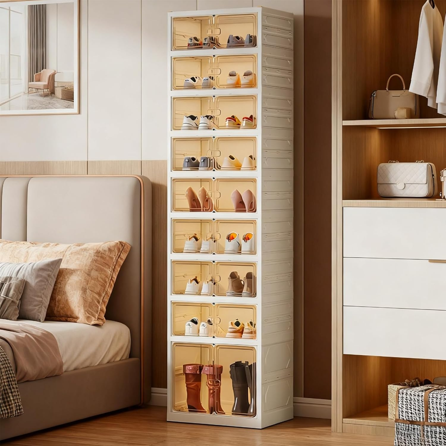 Organizador de zapatos plegable negro de 9 niveles, 18 pares, armario de almacenamiento de zapatos plegable con puertas magnéticas, sin montaje, estante de zapatos apilable alto para entrada, sala de estar (blanco)