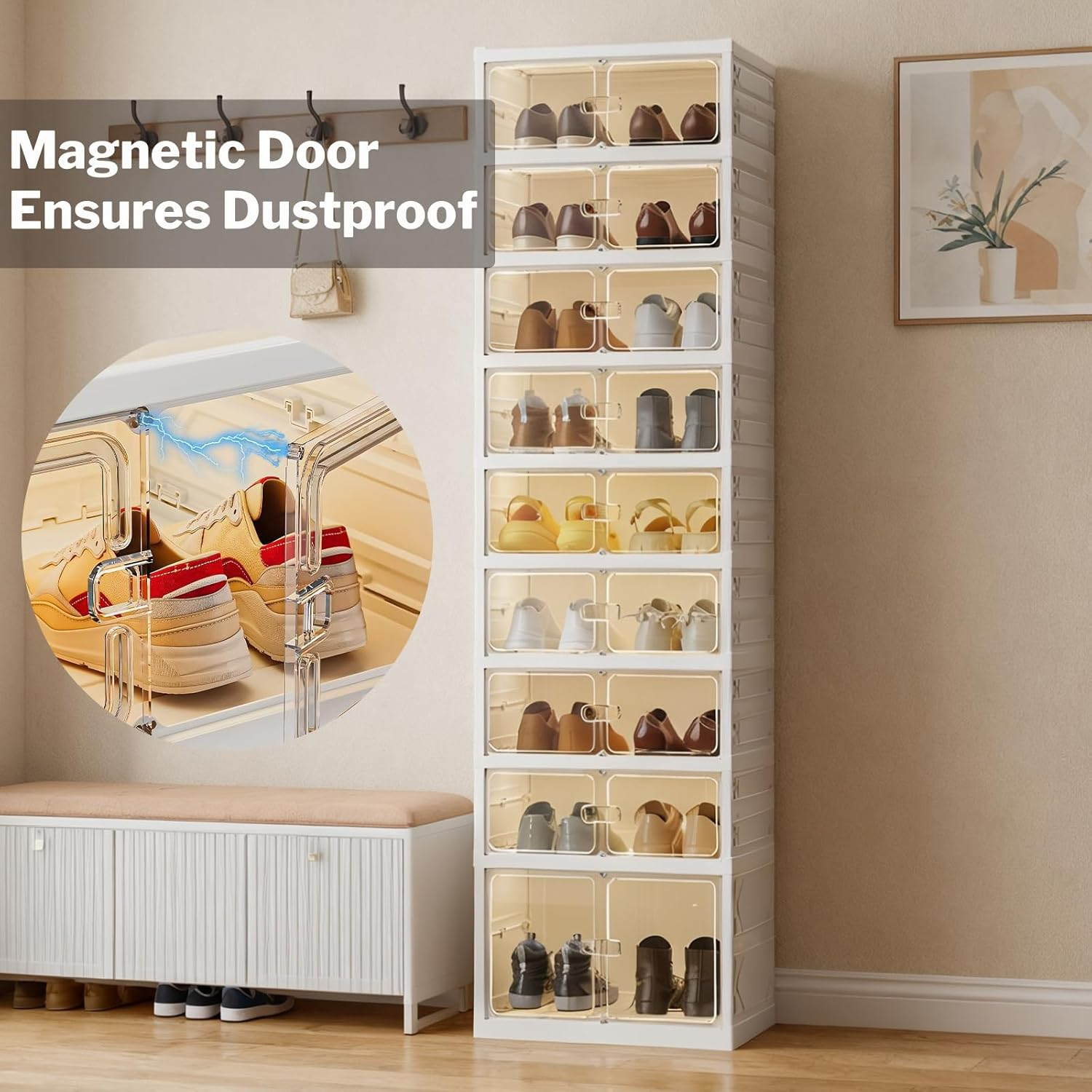 Organizador de zapatos plegable negro de 9 niveles, 18 pares, armario de almacenamiento de zapatos plegable con puertas magnéticas, sin montaje, estante de zapatos apilable alto para entrada, sala de estar (blanco)