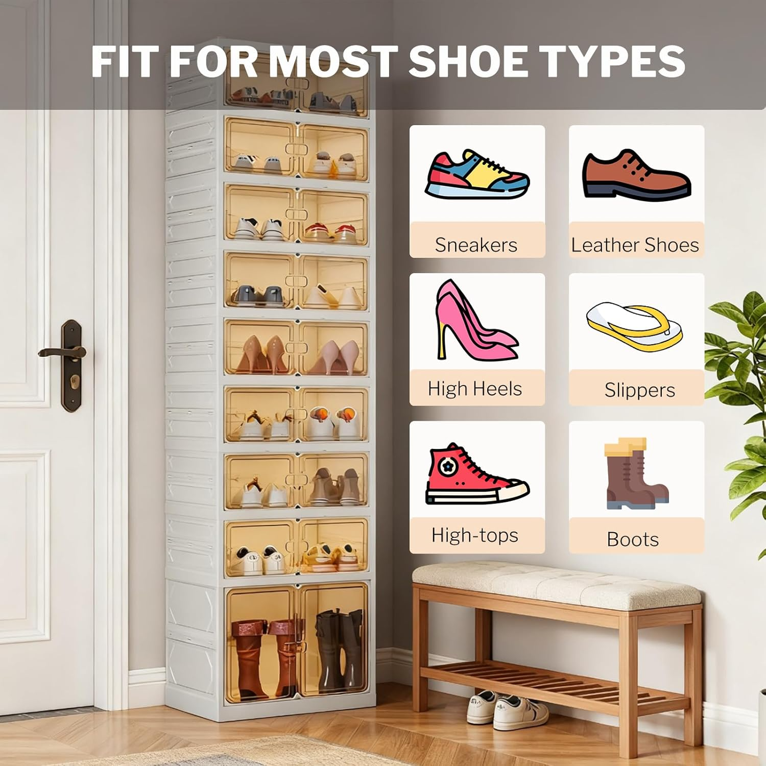 Organizador de zapatos plegable negro de 9 niveles, 18 pares, armario de almacenamiento de zapatos plegable con puertas magnéticas, sin montaje, estante de zapatos apilable alto para entrada, sala de estar (blanco)