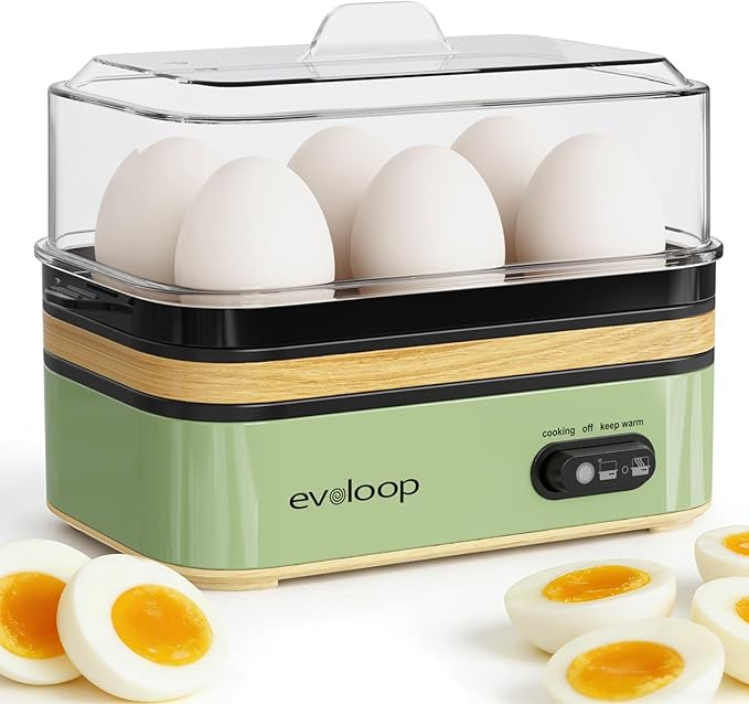 Evoloop - Olla de huevos rápida eléctrica, capacidad de 6 huevos, suave, mediano, hervida, cazador furtivo para huevos con apagado automático, sin BPA
