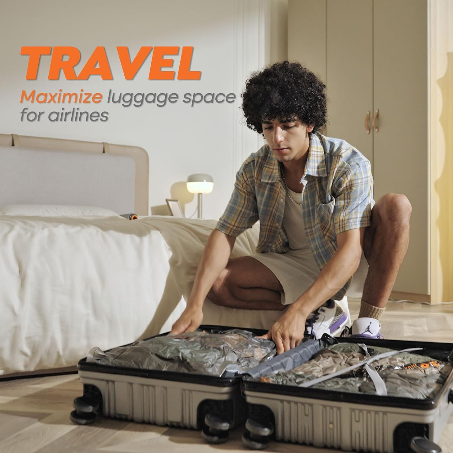 Juego de 10 bolsas de almacenamiento inalámbricas recargables para viaje, paquete de 10 bolsas portátiles para ahorrar espacio para viajes y hogar, sellado de compresión al aspiradora para ropa