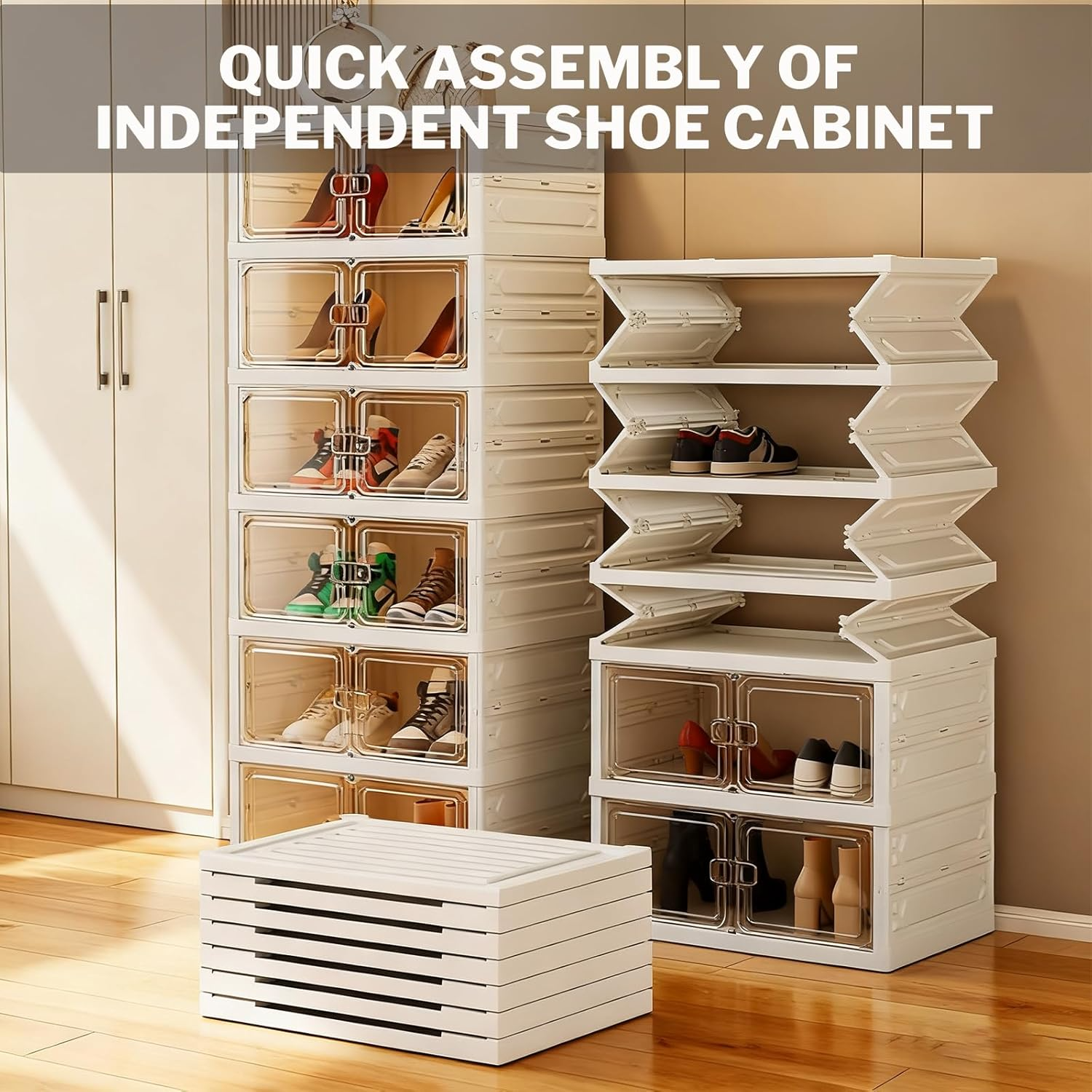 Organizador de zapatos plegable negro de 9 niveles, 18 pares, armario de almacenamiento de zapatos plegable con puertas magnéticas, sin montaje, estante de zapatos apilable alto para entrada, sala de estar (blanco)