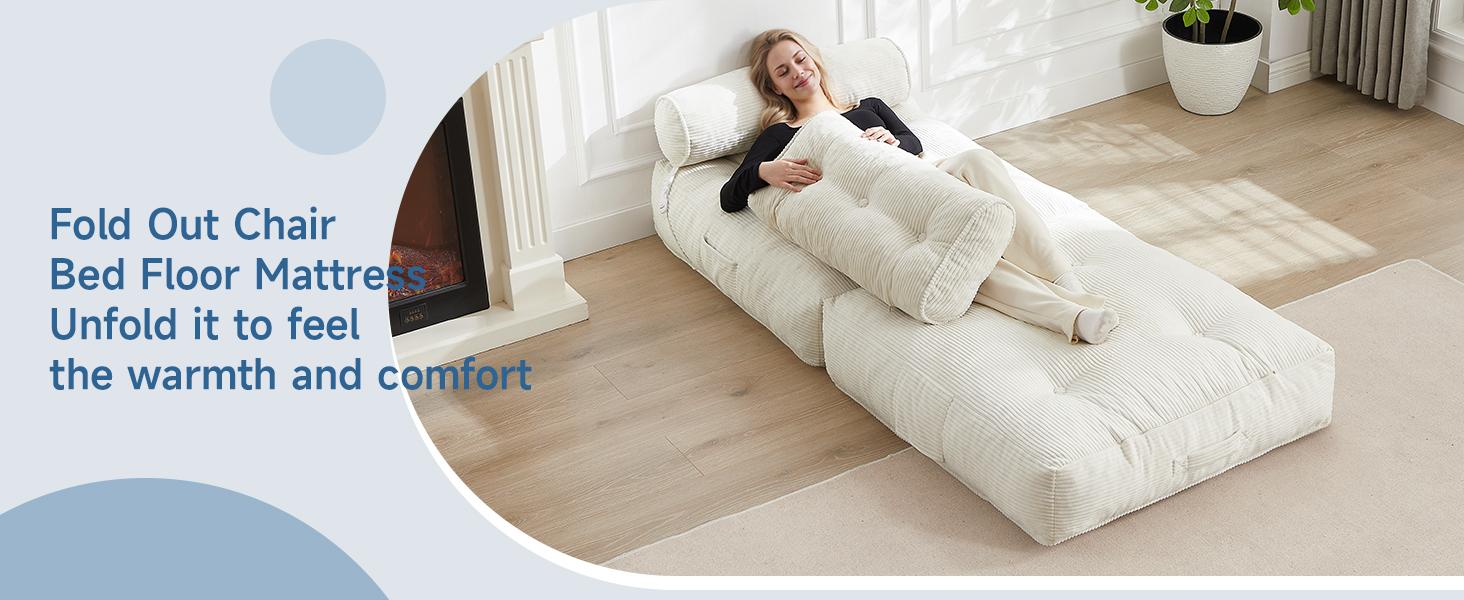 【SummerVibes】ONBRILL Folding Sofa Bed with Pillow, Convertible Sleeper Chair with Back Support, Corduroy Portable Fold Out Chair Bed, Comfy Floor Sofa Lounge for Living Room, Single