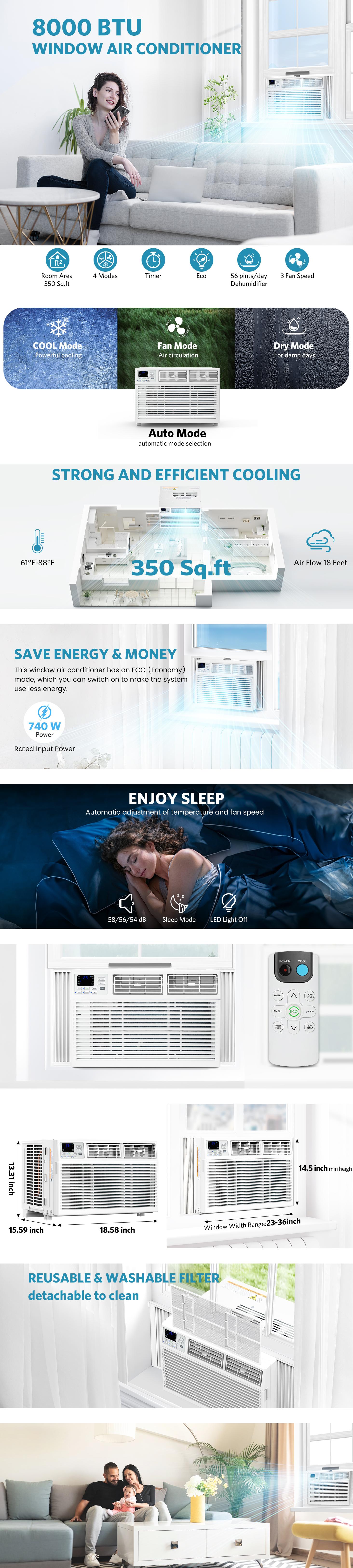 【SummerVibes】COWSAR 5000-14000BTUs Window Air Conditioner, Window AC Unit Cooling up to 350sq.ft, 4 Modes and 3 Fan Speeds, 24H Timer, Remote Control, Quiet Operation, Reusable Filter