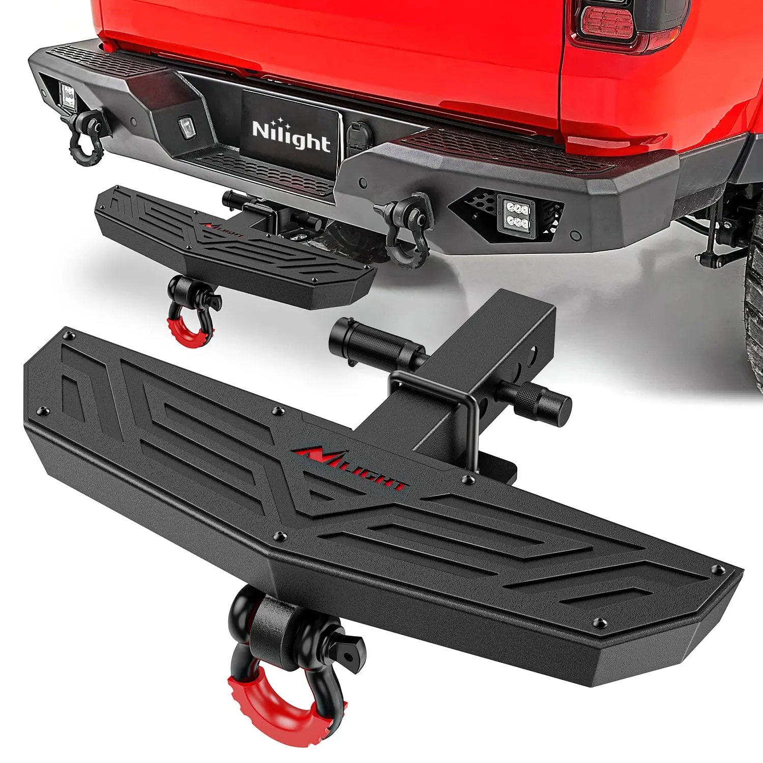 Escalón universal para enganche de remolque (receptor de 2 pulgadas) con grillete en D antirrobo, cerradura y estabilizador; diseño antideslizante y protector de parachoques trasero para camionetas, furgonetas, SUV y vehículos todoterreno (ATV).