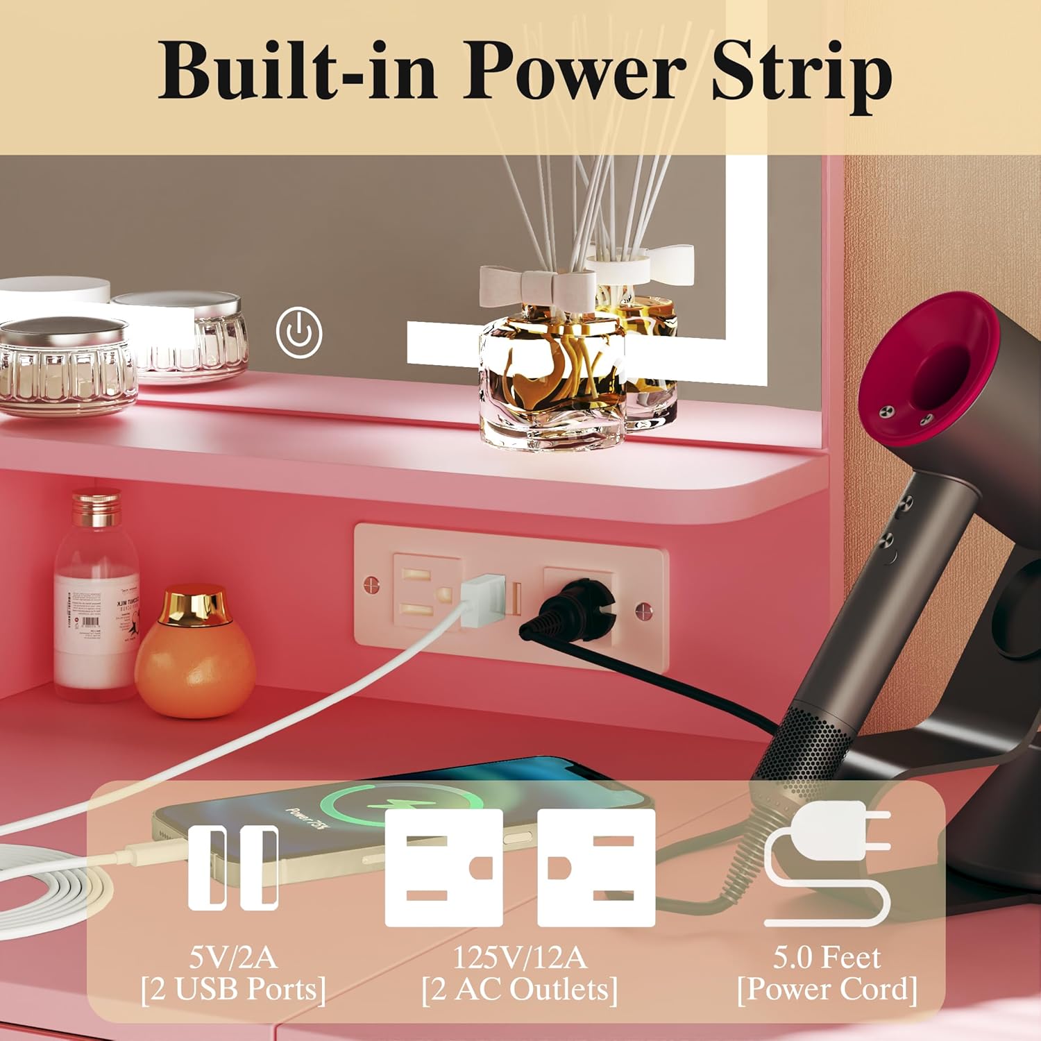 Makeup Vanity Desk with Mirror and Lights, Small Makeup Vanity with Fabric Storage Drawer & Chair & Shelves, Pink Vanity with Fold-up Panel and Power Outlet for Bedroom