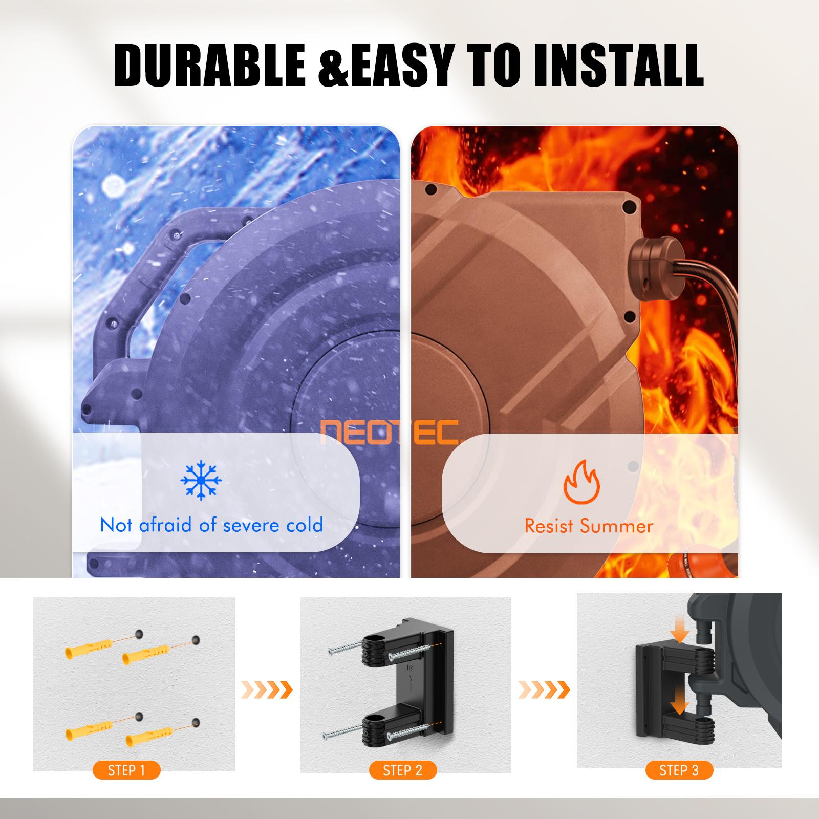 [Summervibes] NEOTEC Retractable Garden Hose Reel 90ft/100ft/130ft - Wall Mounted ，Heavy Duty Hose Reel with 3/4 Inch Brass Fittings & 9-Pattern Nozzle - Auto Rewind System, Any Length Lock, 180&deg; Swivel Bracket