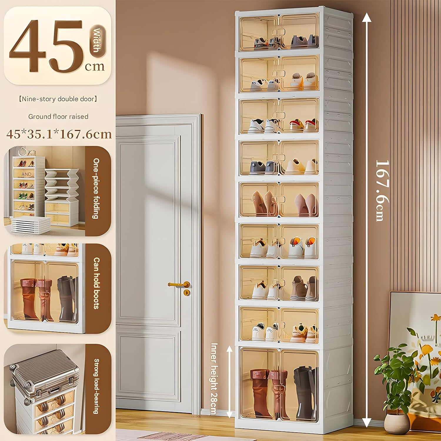 Organizador de zapatos plegable negro de 9 niveles, 18 pares, armario de almacenamiento de zapatos plegable con puertas magnéticas, sin montaje, estante de zapatos apilable alto para entrada, sala de estar (blanco)