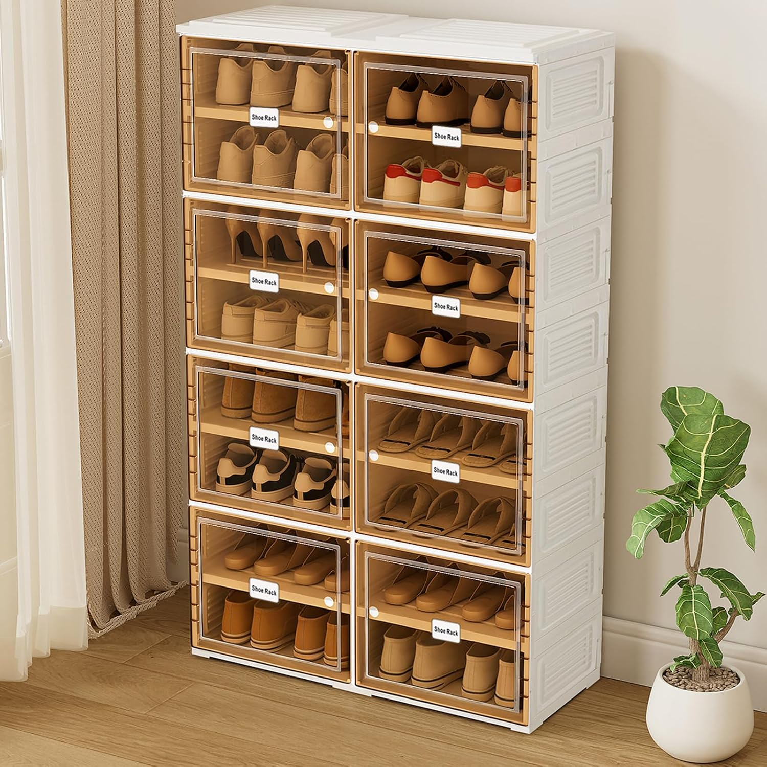 Organizador de zapatos plegable negro de 9 niveles, 18 pares, armario de almacenamiento de zapatos plegable con puertas magnéticas, sin montaje, estante de zapatos apilable alto para entrada, sala de estar (blanco)