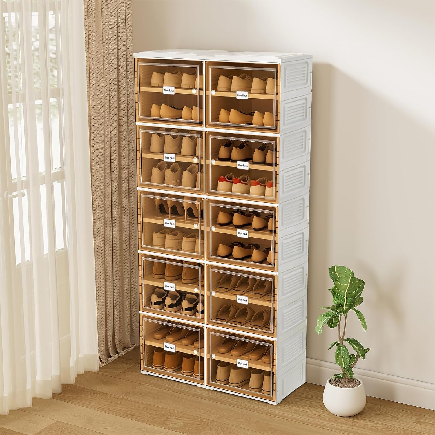 Organizador de zapatos plegable negro de 9 niveles, 18 pares, armario de almacenamiento de zapatos plegable con puertas magnéticas, sin montaje, estante de zapatos apilable alto para entrada, sala de estar (blanco)