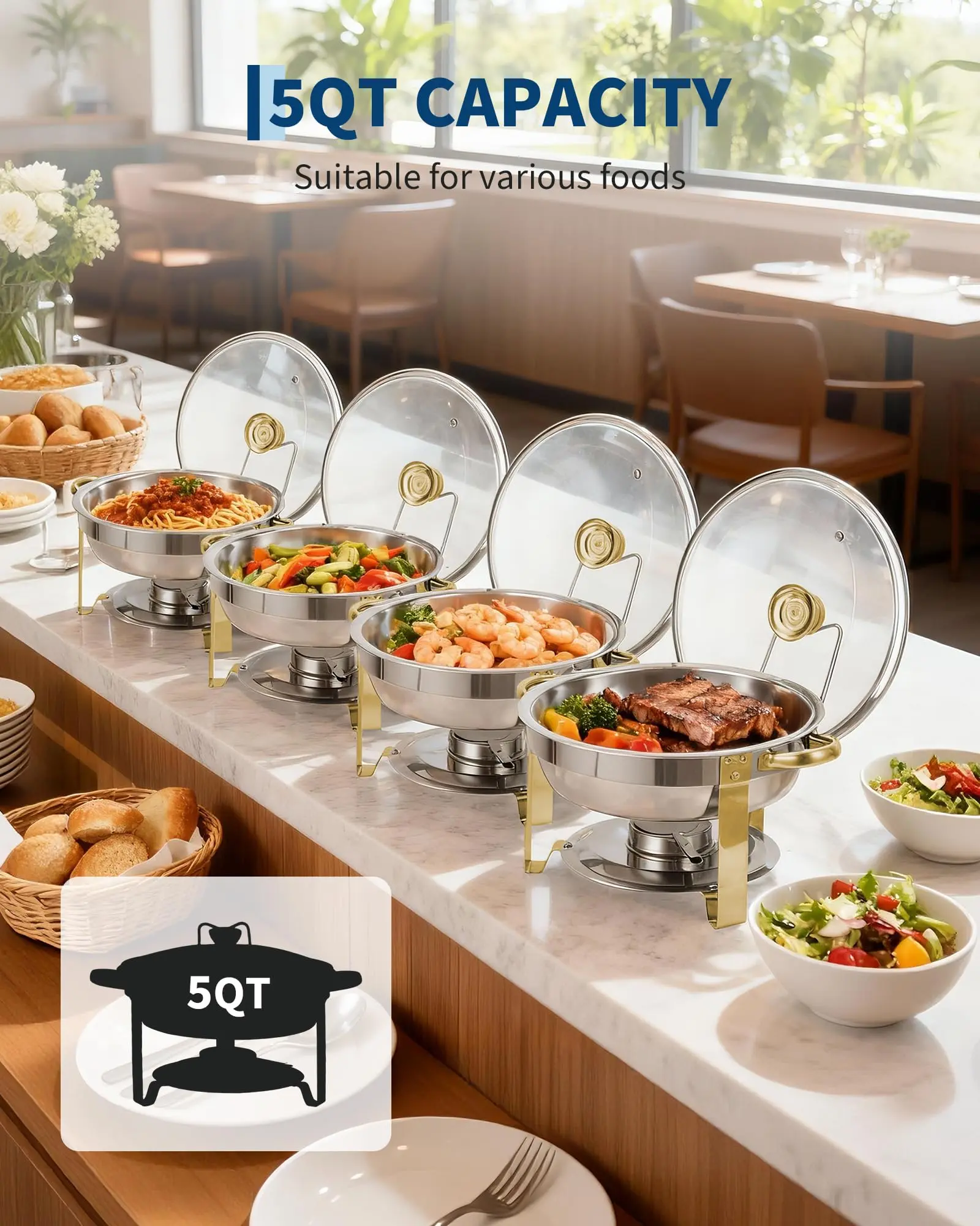 Juego de 4 Calentadores de Comida Redondos de Acero Inoxidable (5 Qt) para Buffet — Utensilios de Cocina con Retención de Calor, Tapa de Cristal Visible, Soporte para Tapa, Bandejas para Alimentos y Agua — Accesorios de Cocina en Acabado Dorado — Ideal pa