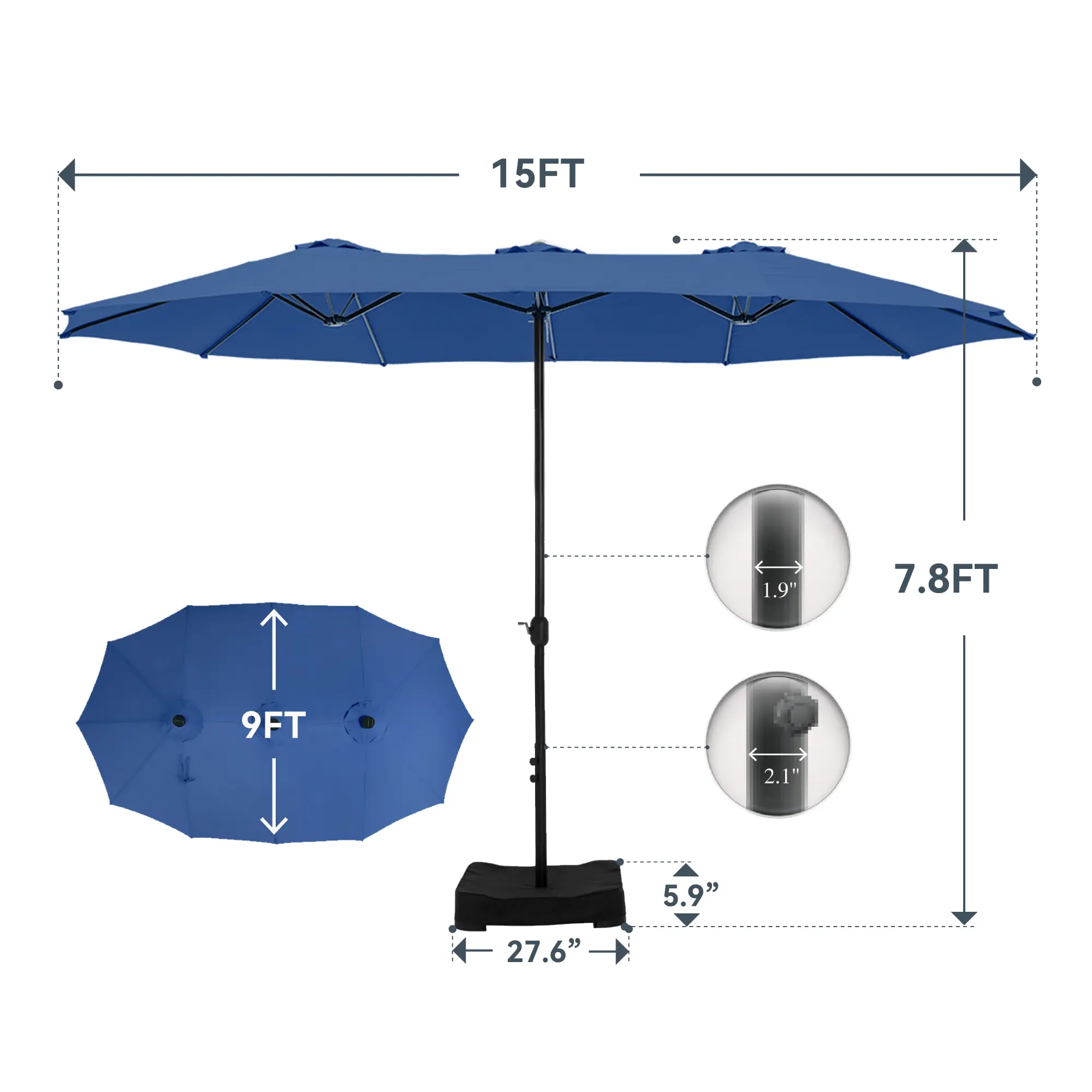 [Summer Vibes] Sombrilla de Patio Extra Grande de 15 pies, de Doble Cara, con Base y Luces LED — Amplia Estructura de Acero, Protección UV, Base Metálica Incluida, Práctica Manivela