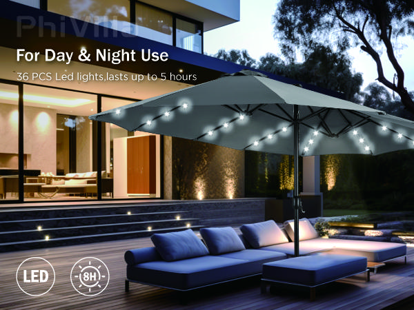 [Summer Vibes] PHI VILLA 15ft Extra Large Double-Sided Patio Umbrella with Base & LED Lights - Large Steel Frame, UV Protection, Metal Base Included, Useful Crank