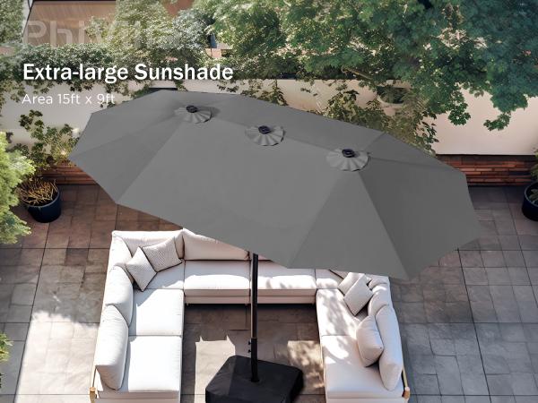 [Summer Vibes] PHI VILLA 15ft Extra Large Double-Sided Patio Umbrella with Base & LED Lights - Large Steel Frame, UV Protection, Metal Base Included, Useful Crank