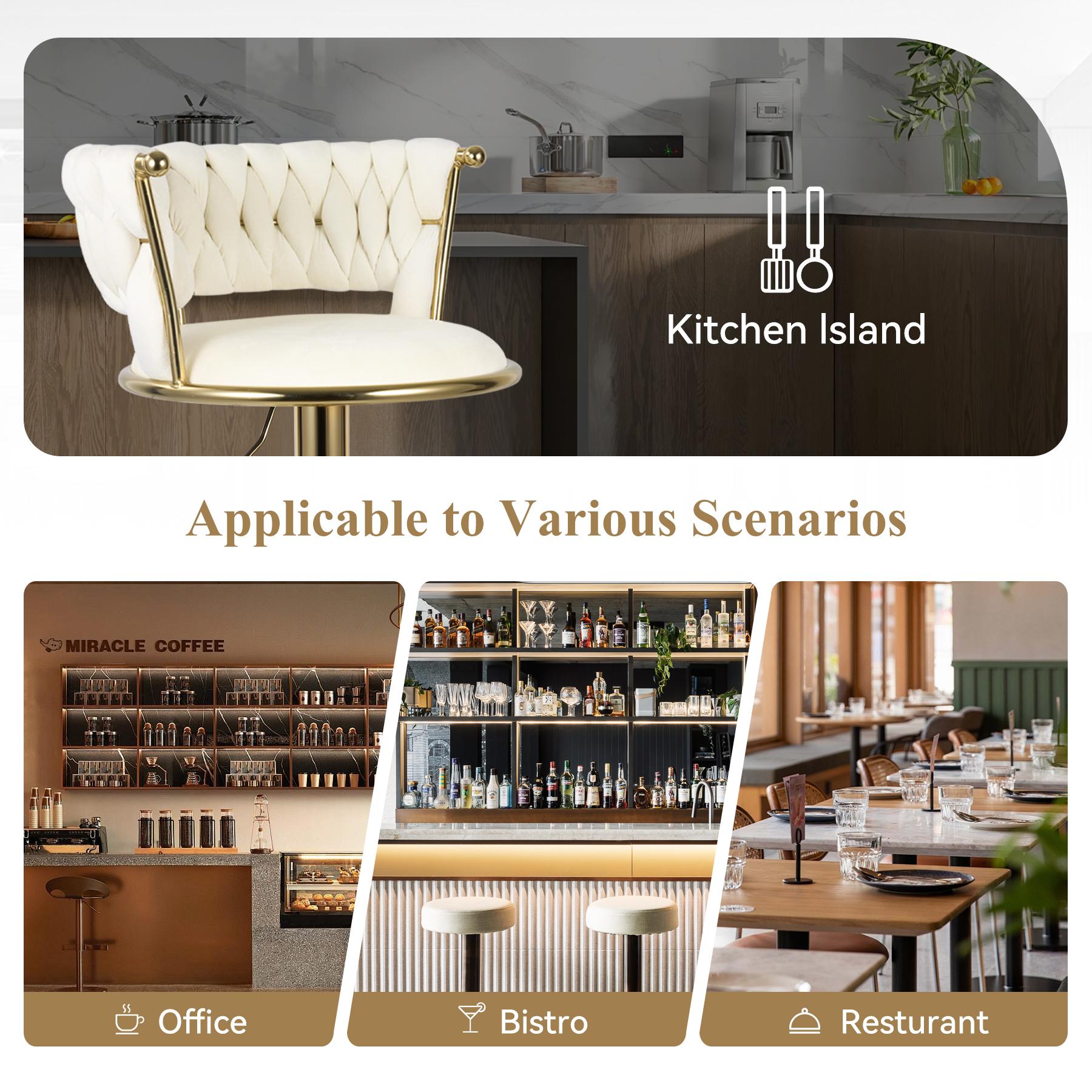 Modern Swivel Woven Velvet Bar Stools, Stool, 360° Swivel Adjustable Height Bar Stool with Backs Golden Metal Tall Bar Stools Counter Height for Kitchen Island, for Christmas, Festival,,dorm essentials,home decor