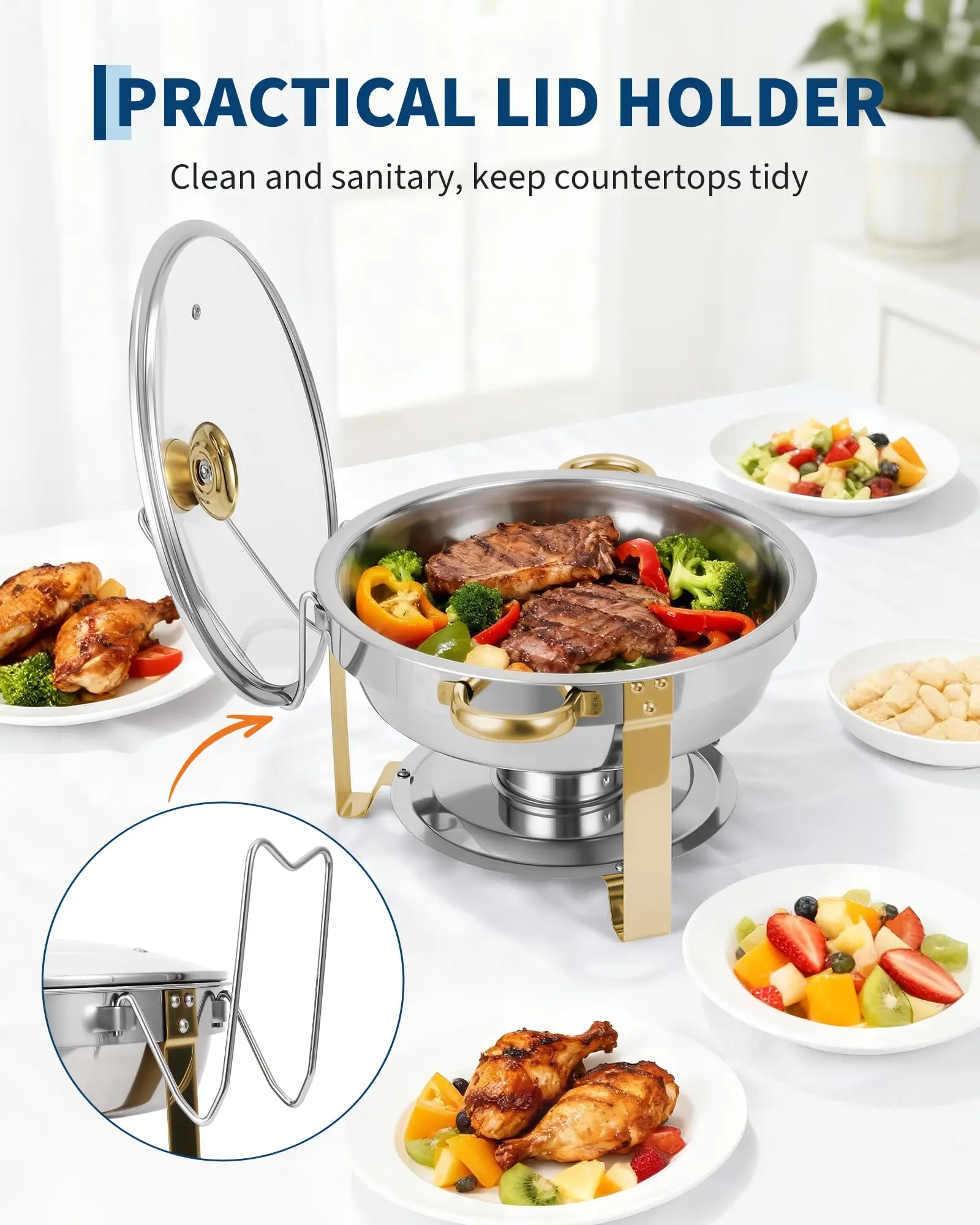 Juego de 4 Calentadores de Comida Redondos de Acero Inoxidable (5 Qt) para Buffet — Utensilios de Cocina con Retención de Calor, Tapa de Cristal Visible, Soporte para Tapa, Bandejas para Alimentos y Agua — Accesorios de Cocina en Acabado Dorado — Ideal pa