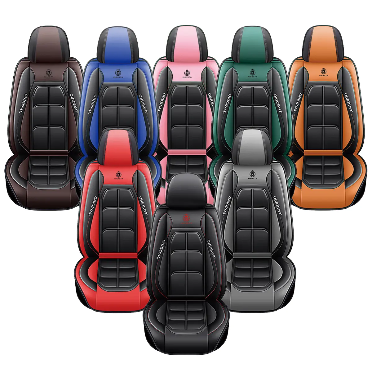 Fundas de cuero de lujo para asientos de coche (juego completo para 5 plazas), diseño universal compatible con airbags, material impermeable y fácil de limpiar; color negro con costuras en azul y detalles en rojo; ideal para camionetas y automóviles (rega