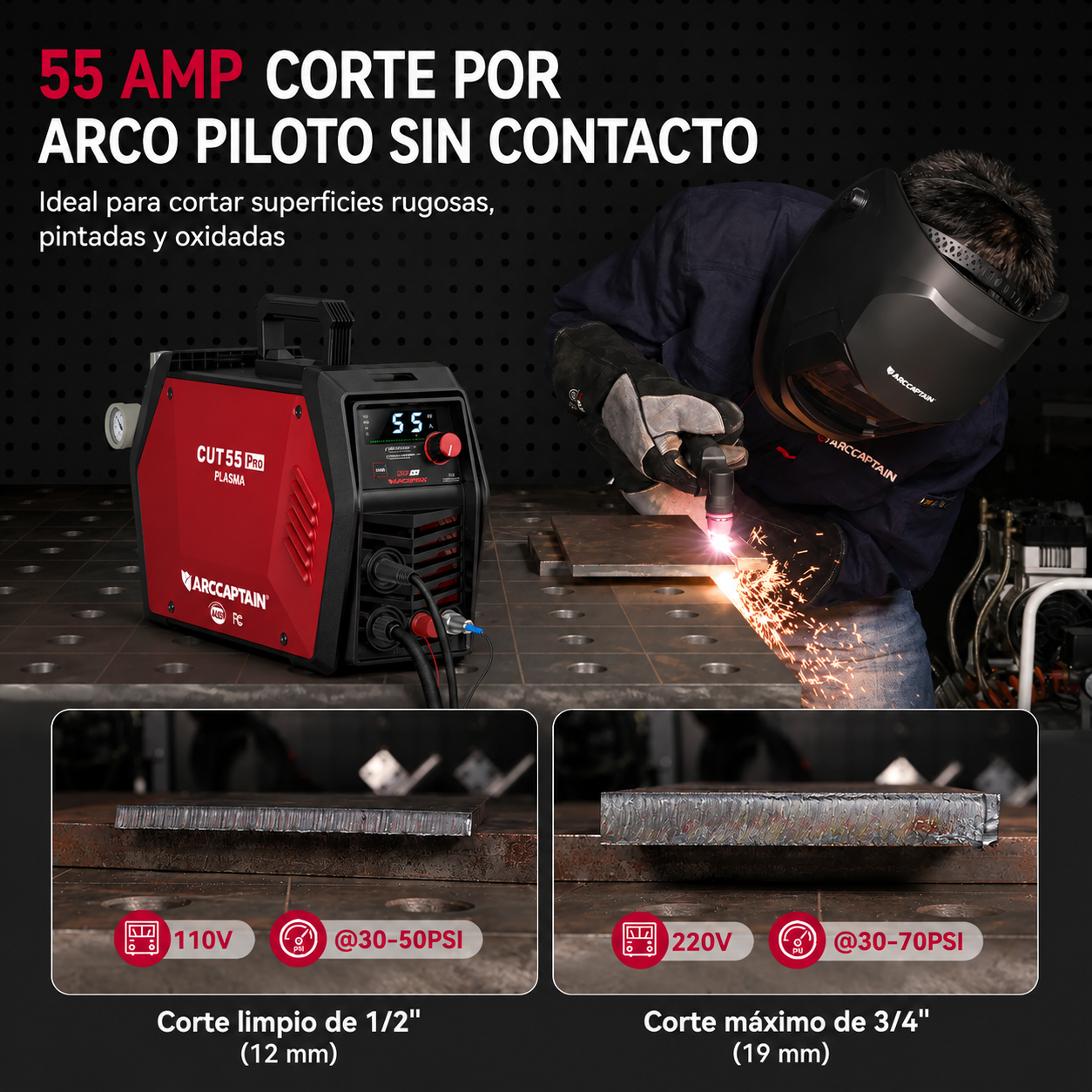 Cortadora de plasma con control por APP, 55 amperios, arco piloto sin contacto, doble voltaje 120V/240V, gran pantalla LED, modos 2T/4T, capacidad de corte de 3/4 de pulgada; cortadora de plasma de alta frecuencia con tecnología Inverter DC e IGBT, ideal 