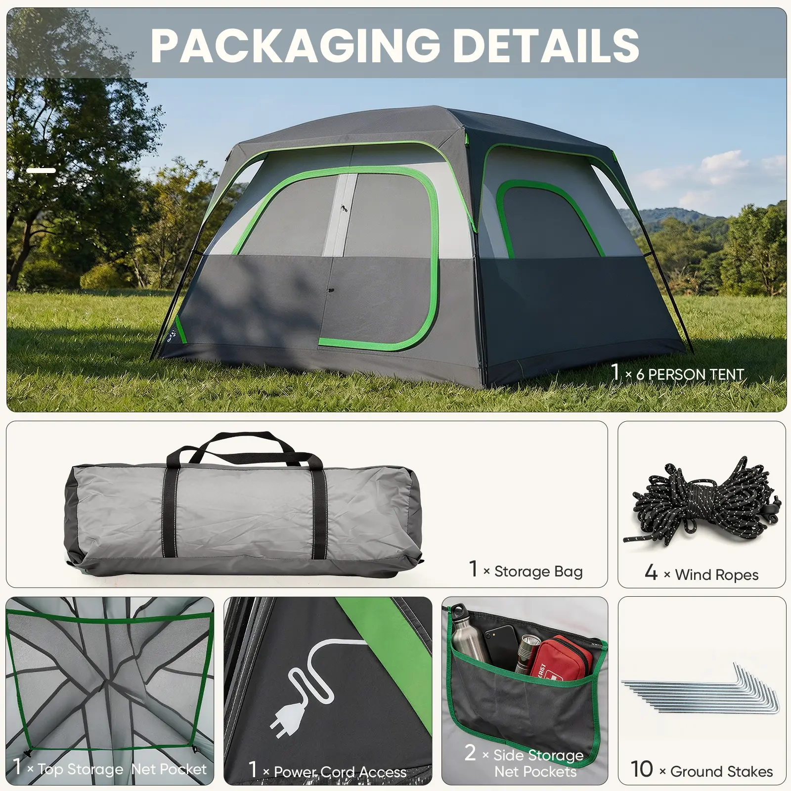 Tienda de campaña familiar para 6 personas, impermeable y resistente al viento, con amplio interior; tienda tipo cabaña de fácil montaje con ventanas de malla y claraboyas; tienda portátil para actividades al aire libre, acampada en coche, senderismo y pe