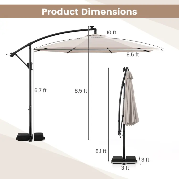 Sombrilla solar voladiza para patio de 10 pies con base — Sombrilla colgante descentrada para exteriores con 96 luces LED, 9 modos, ajuste de inclinación y rotación de 360° con manivela — Ideal para piscinas, patios, terrazas y jardines — Ofertas exclusiv