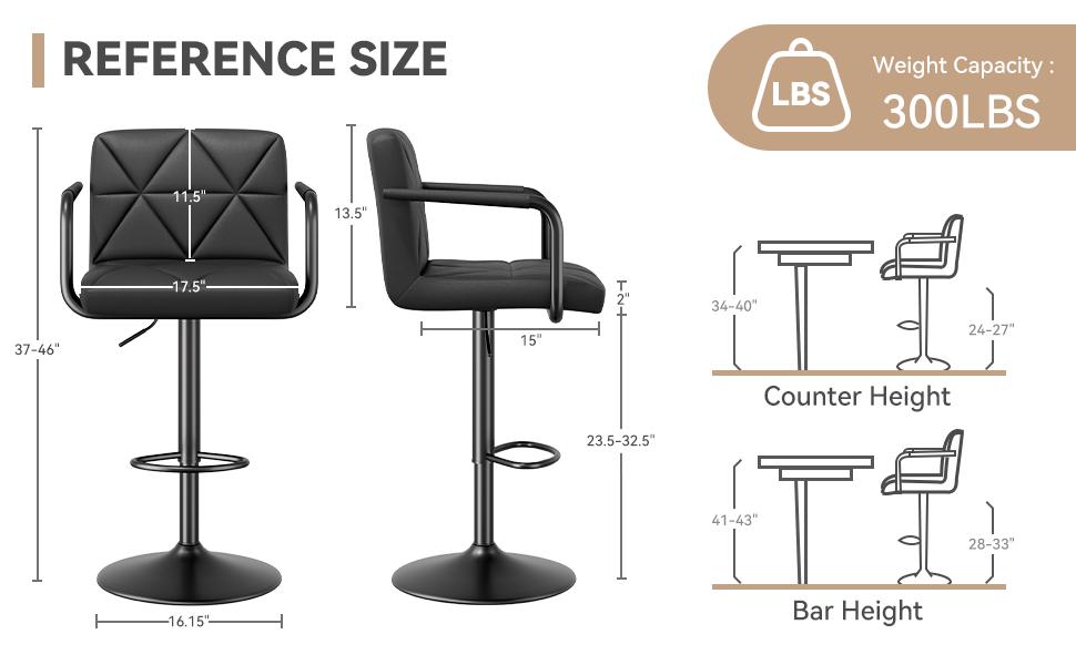 Specials-Set of 2 Barstools, Adjustable Height 25.5-34.5 IN with Back & Arms, Swivel PU Leather Upholstered Counter Height Bar Chairs