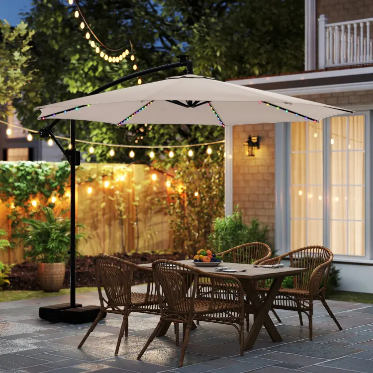 Sombrilla solar voladiza para patio de 10 pies con base — Sombrilla colgante descentrada para exteriores con 96 luces LED, 9 modos, ajuste de inclinación y rotación de 360° con manivela — Ideal para piscinas, patios, terrazas y jardines — Ofertas exclusiv