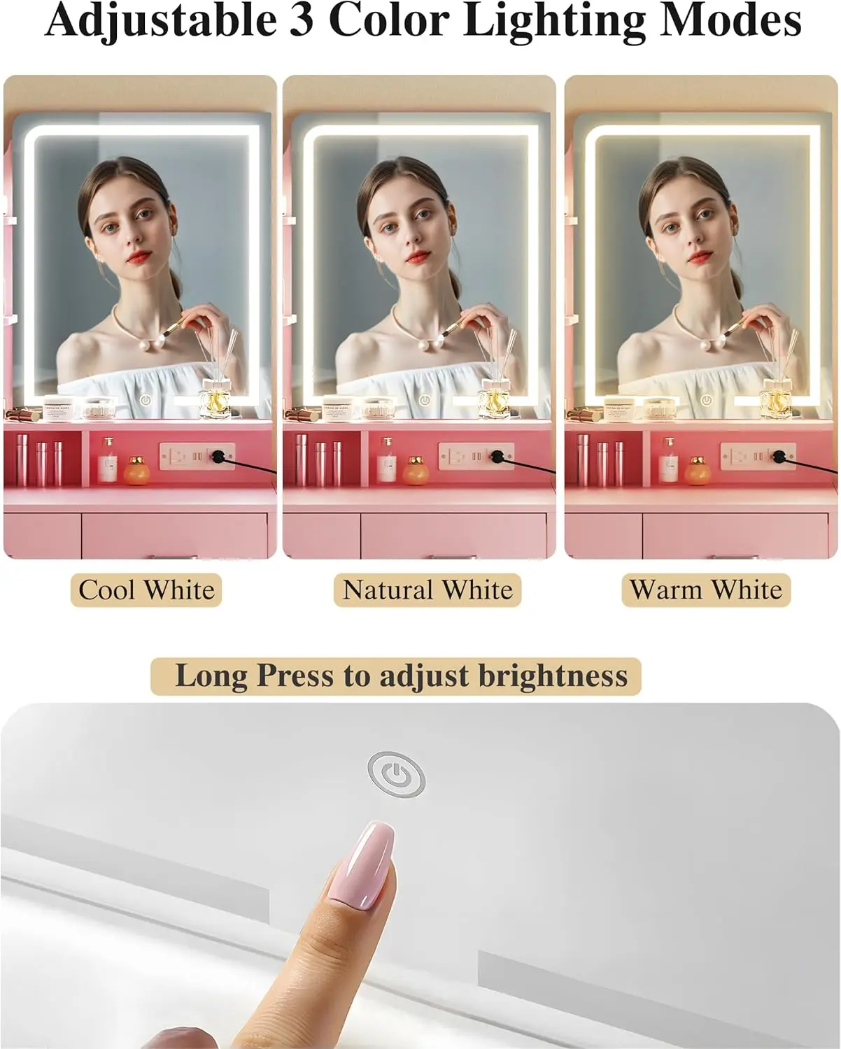 Tocador de maquillaje con espejo y luces, tocador compacto con cajón de almacenamiento de tela, silla y estantes; tocador rosa con panel abatible y toma de corriente para dormitorio.