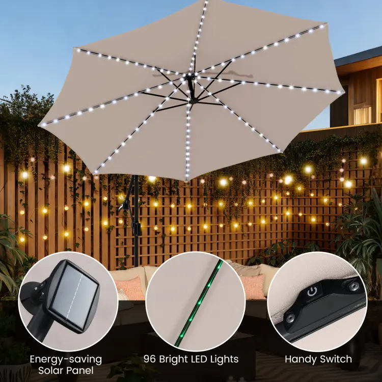 Sombrilla solar voladiza para patio de 10 pies con base — Sombrilla colgante descentrada para exteriores con 96 luces LED, 9 modos, ajuste de inclinación y rotación de 360° con manivela — Ideal para piscinas, patios, terrazas y jardines — Ofertas exclusiv