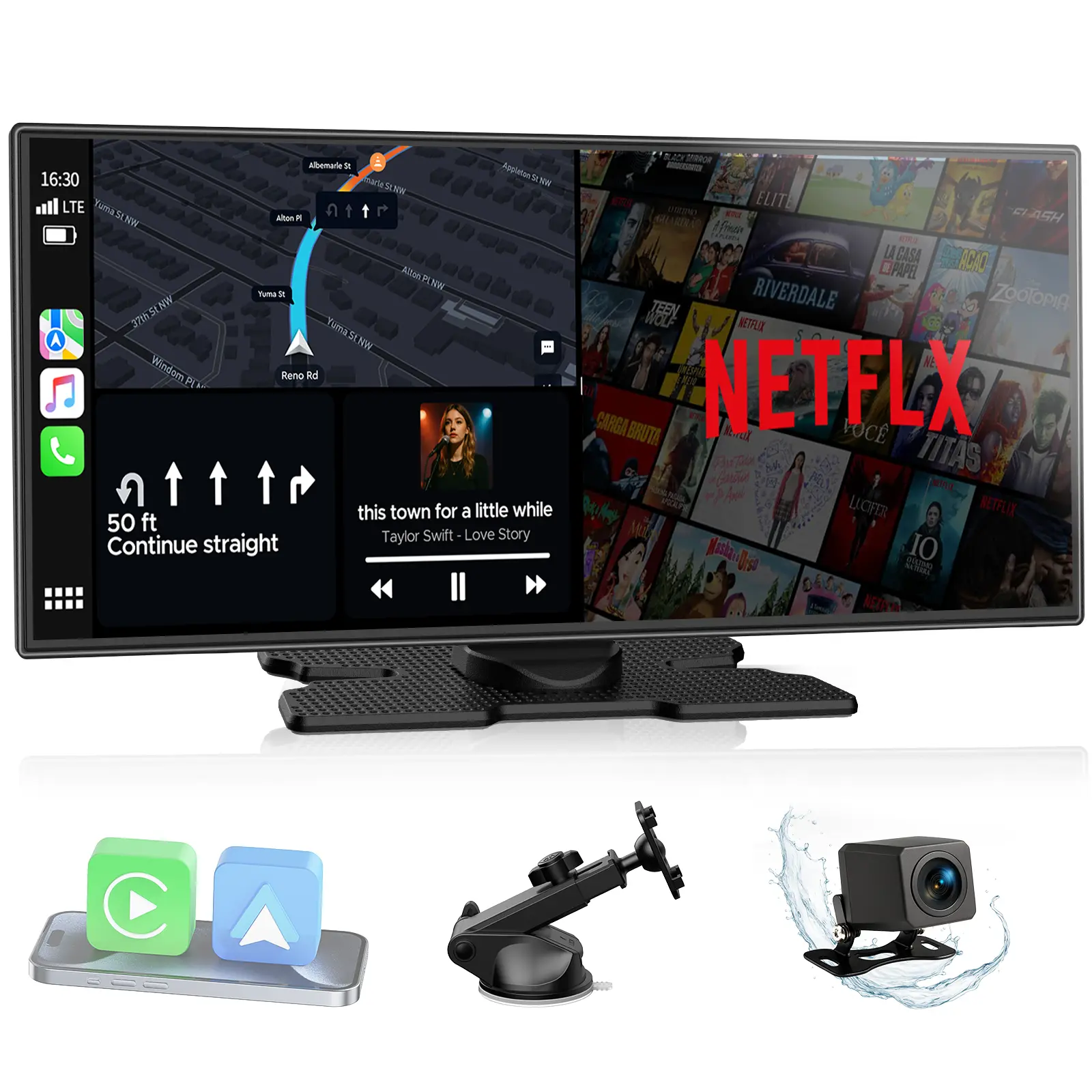 Pantalla inalámbrica CarPlay de 10,25 pulgadas — Compatible con las aplicaciones TikTok, Netflix y YouTube; permite el uso de aplicaciones en pantalla dividida, admite cámara de marcha atrás, navegación y asistente de voz. Compatible con iOS 10+ y Android