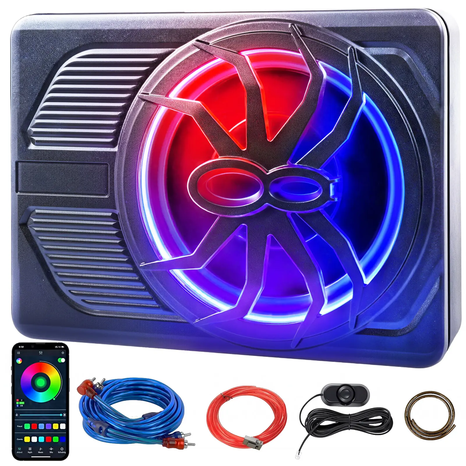 Subwoofer para automóvil con control por aplicación y luz de colores — Subwoofer activo extraplano de 10 pulgadas para instalar bajo el asiento, con amplificador integrado y entradas de nivel alto/bajo; altavoz de graves para coches, camiones, SUV, Jeep y