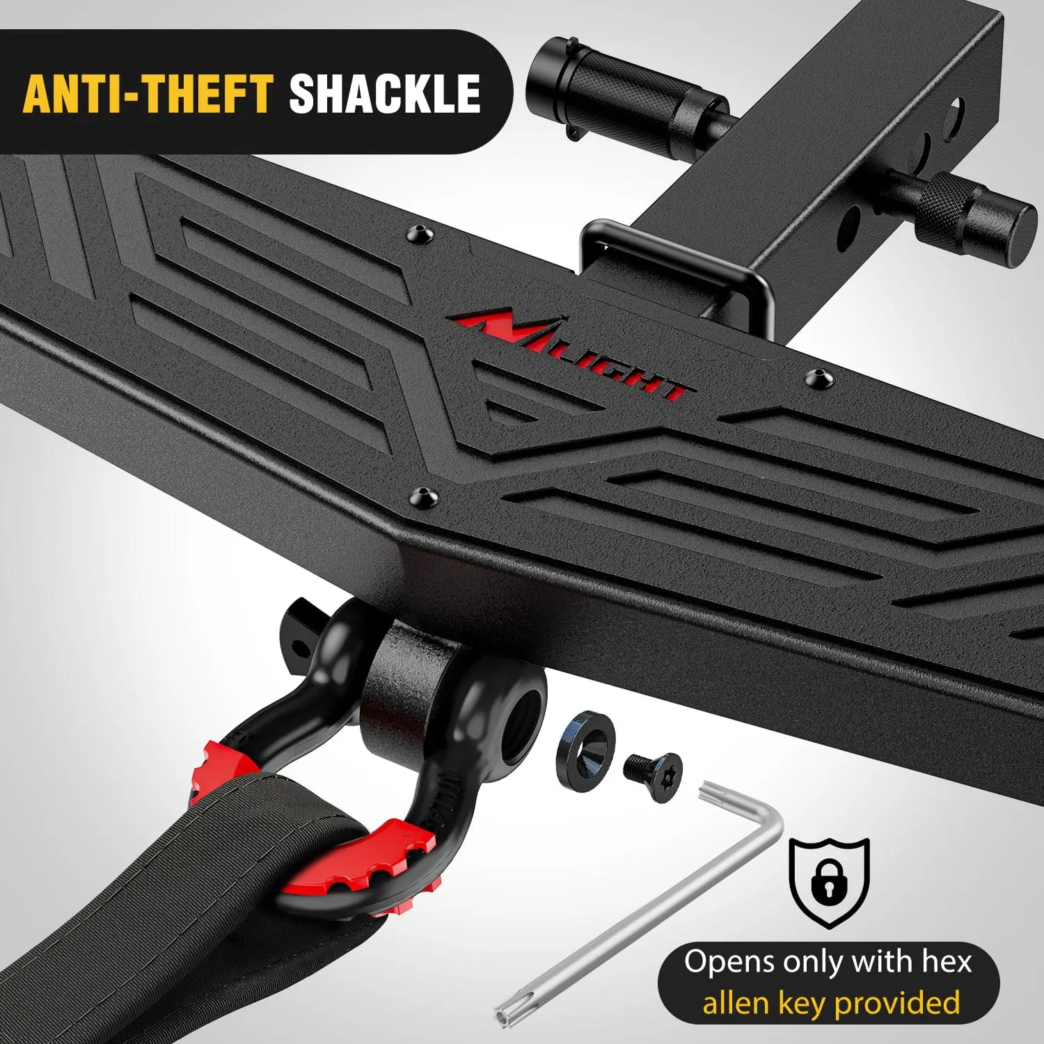 Escalón universal para enganche de remolque (receptor de 2 pulgadas) con grillete en D antirrobo, cerradura y estabilizador; diseño antideslizante y protector de parachoques trasero para camionetas, furgonetas, SUV y vehículos todoterreno (ATV).