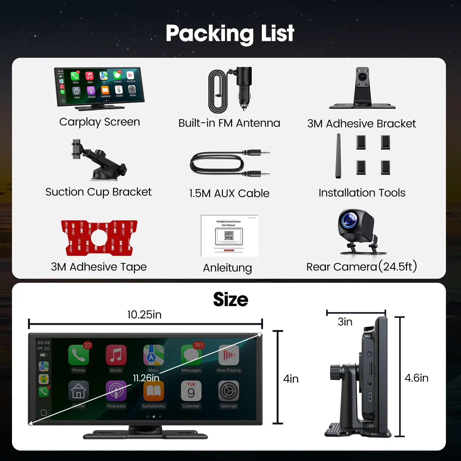 Pantalla inalámbrica CarPlay de 10,25 pulgadas — Compatible con las aplicaciones TikTok, Netflix y YouTube; permite el uso de aplicaciones en pantalla dividida, admite cámara de marcha atrás, navegación y asistente de voz. Compatible con iOS 10+ y Android