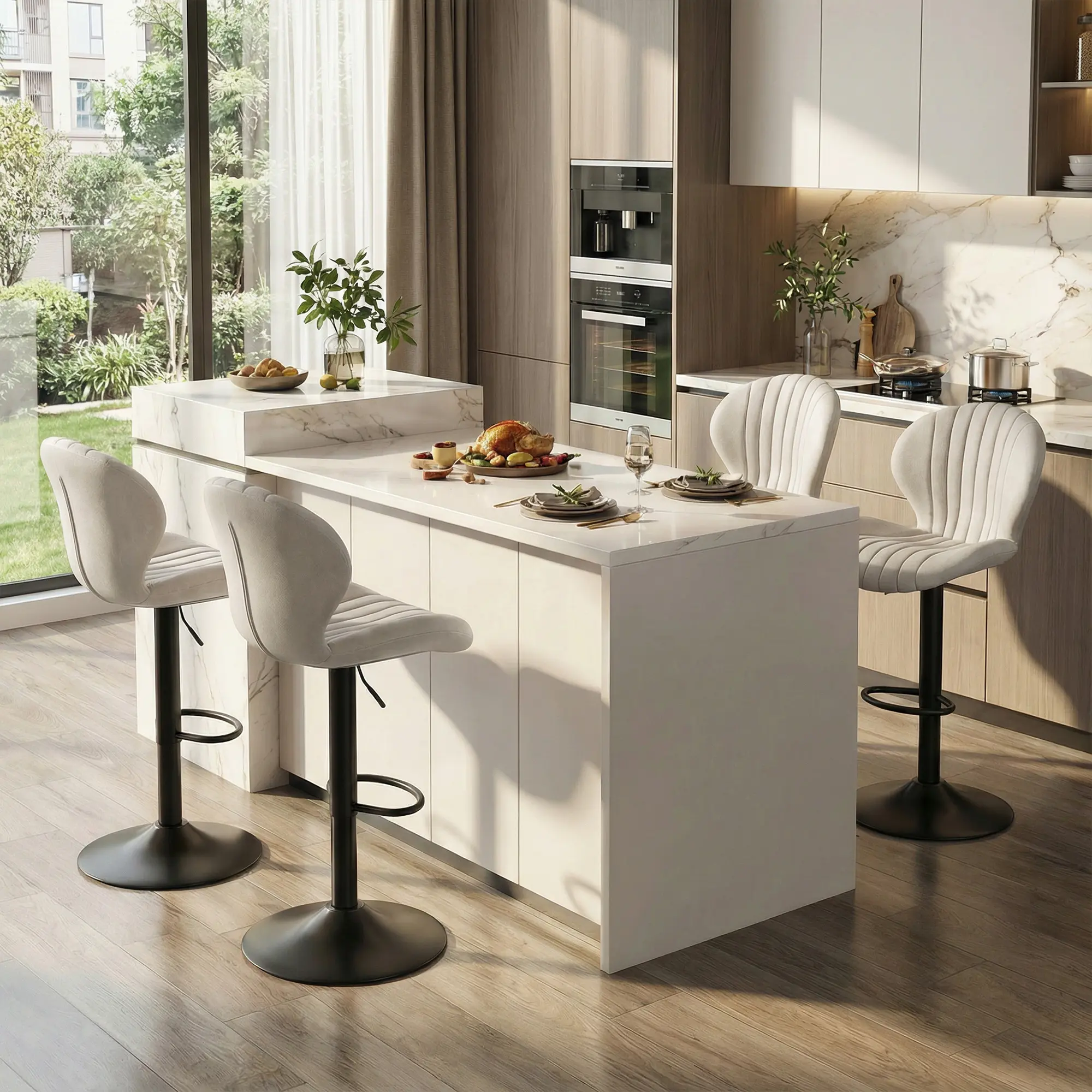 Juego de 2 taburetes de bar modernos y giratorios — Taburetes de altura de mostrador con respaldo alto — Montaje fácil en 3-5 minutos — Ideal para bar, cocina y comedor — Beige