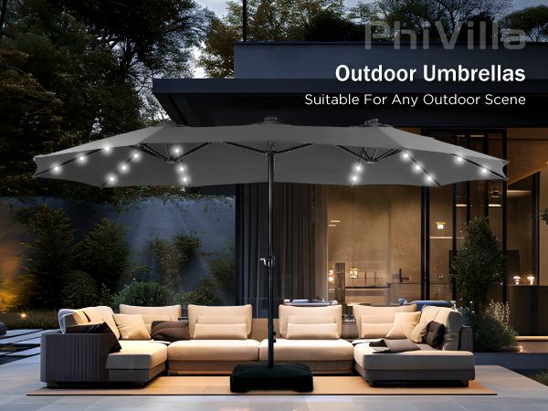 [Summer Vibes] PHI VILLA 15ft Extra Large Double-Sided Patio Umbrella with Base & LED Lights - Large Steel Frame, UV Protection, Metal Base Included, Useful Crank