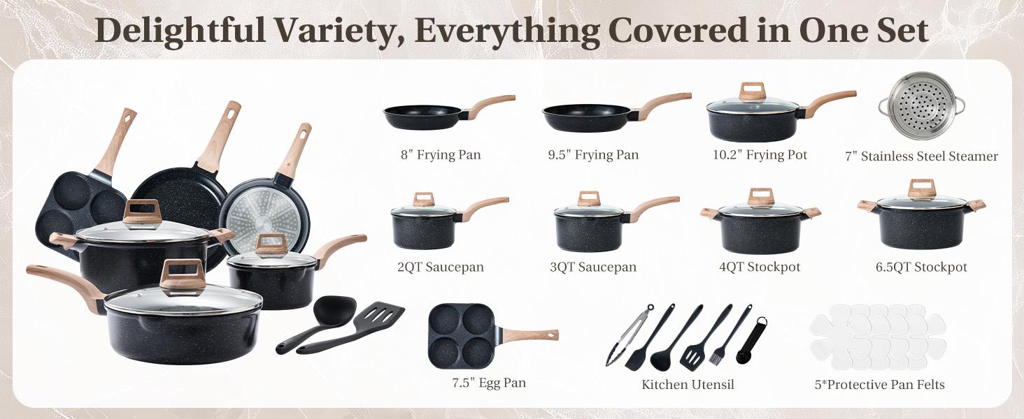 Sweetcrispy 25-Piece Sturdy Non-Stick Ceramic Granite Cookware Set, Lightweight Aluminium Pots and Pans with Glass Lids, Stay-Cool Handles, Induction Compatible for Healthy Cooking