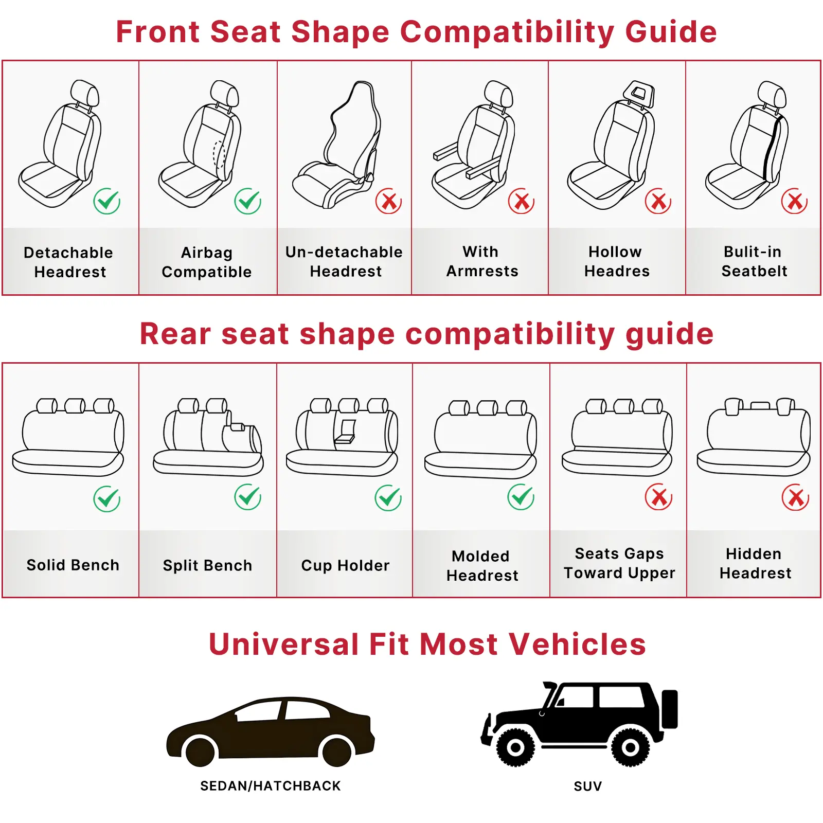 Fundas de cuero de lujo para asientos de coche (juego completo para 5 plazas), diseño universal compatible con airbags, material impermeable y fácil de limpiar; color negro con costuras en azul y detalles en rojo; ideal para camionetas y automóviles (rega