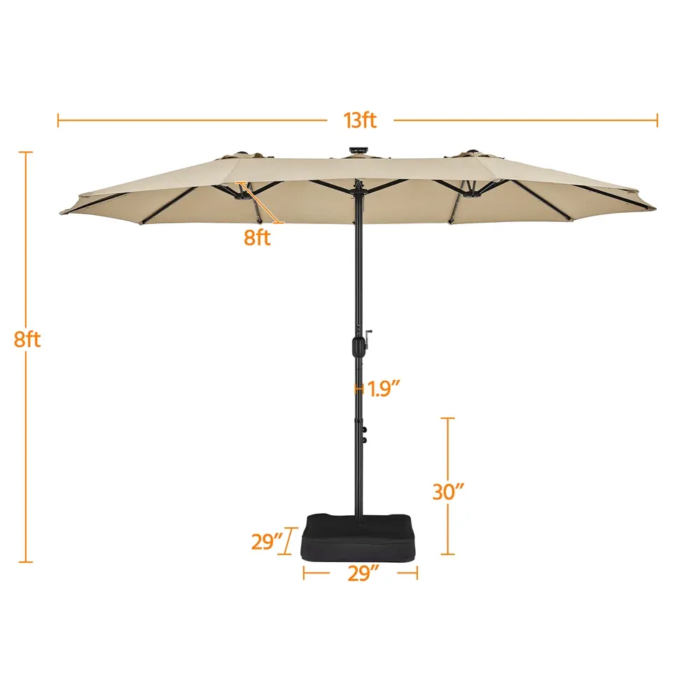 【Luces solares de 15/13 pies】 Sombrilla grande para patio con 36 luces LED solares integradas, sistema de apertura con manivela y estructura de hierro reforzada; incluye base y sacos de arena para patio, jardín o parque.