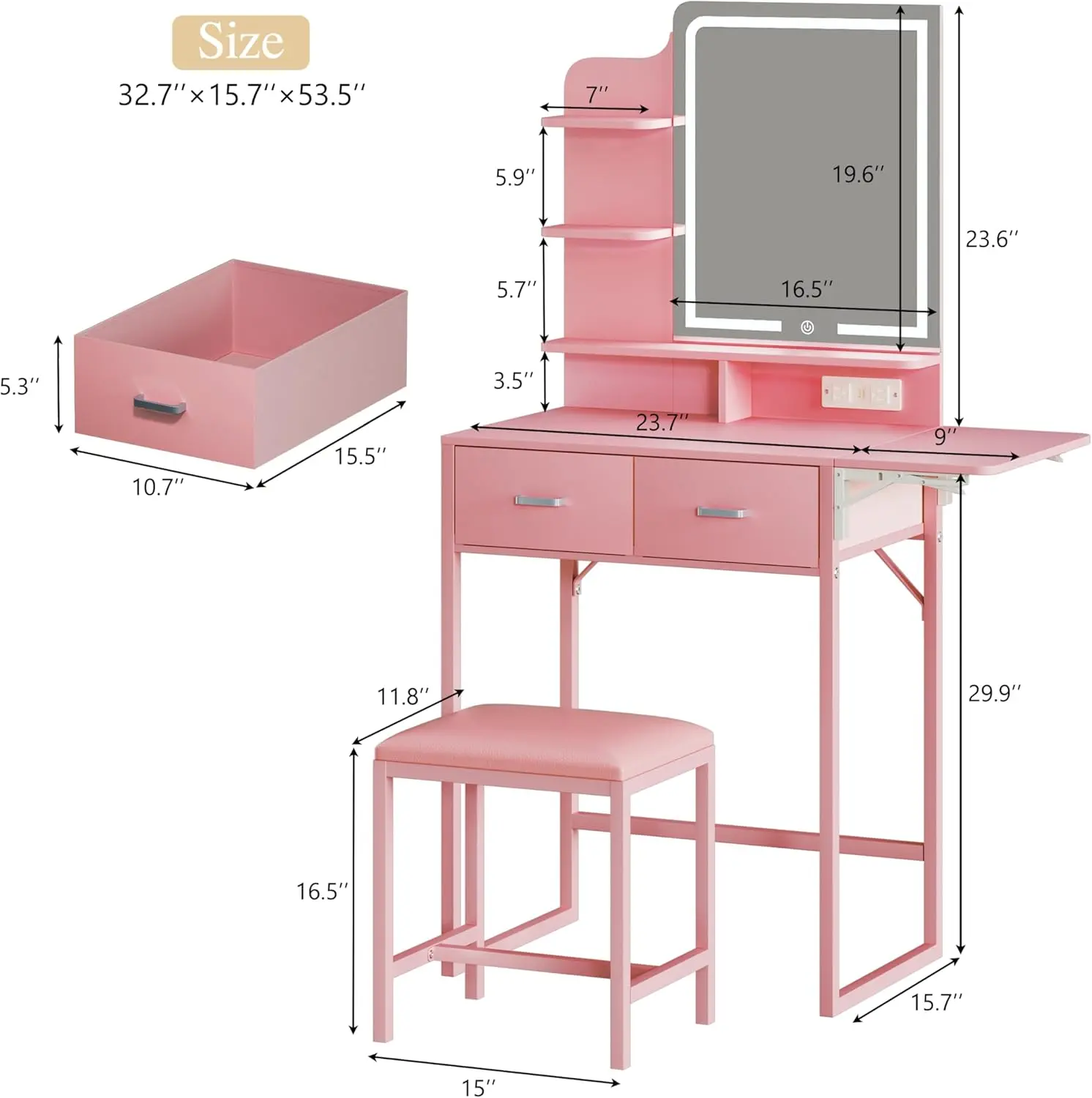 Tocador de maquillaje con espejo y luces, tocador compacto con cajón de almacenamiento de tela, silla y estantes; tocador rosa con panel abatible y toma de corriente para dormitorio.