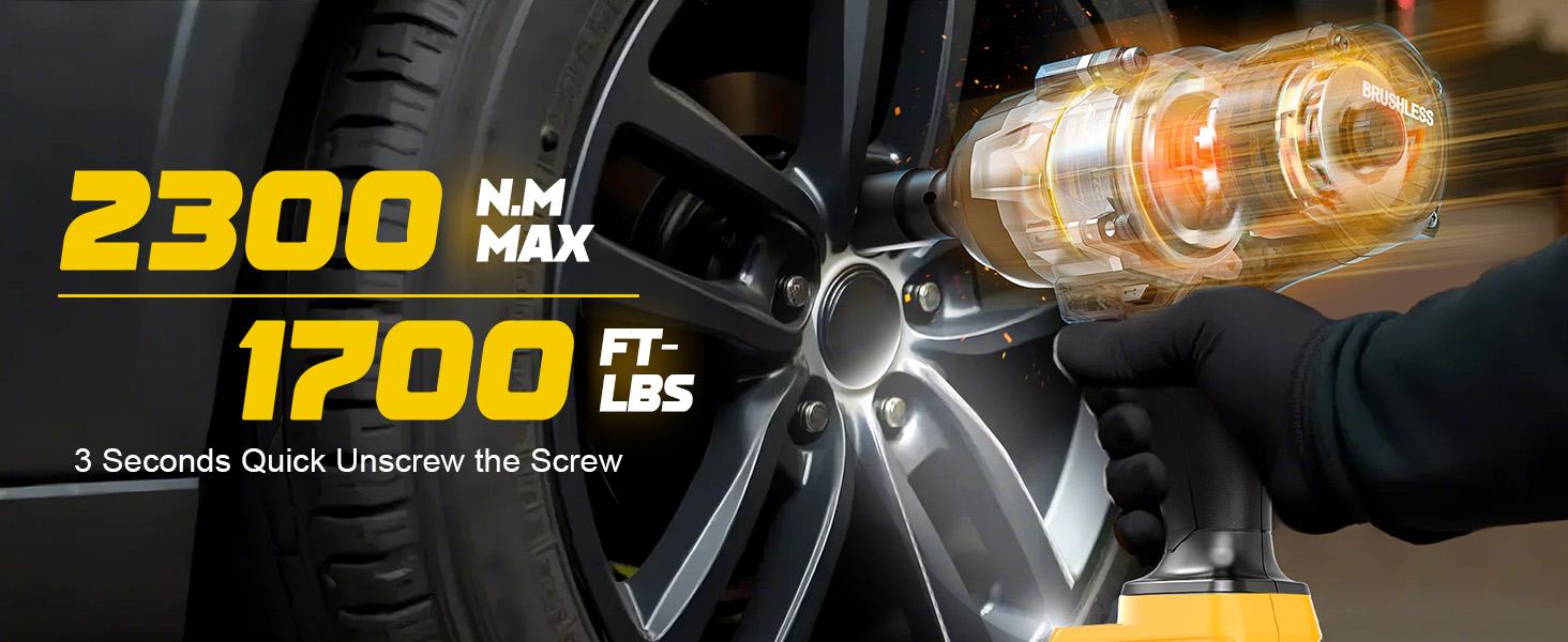 1700Ft-lbs (2300N.m) Cordless Impact Wrench 1/2" Compatible with Dewalt/Milwaukee Battery(No Battery!!),Brushless Impact Gun with 4 Modes & LED Light for CarTruck fathers day gift