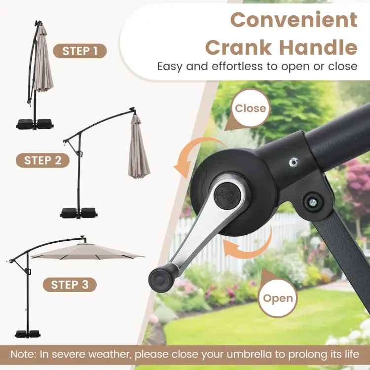 Sombrilla solar voladiza para patio de 10 pies con base — Sombrilla colgante descentrada para exteriores con 96 luces LED, 9 modos, ajuste de inclinación y rotación de 360° con manivela — Ideal para piscinas, patios, terrazas y jardines — Ofertas exclusiv