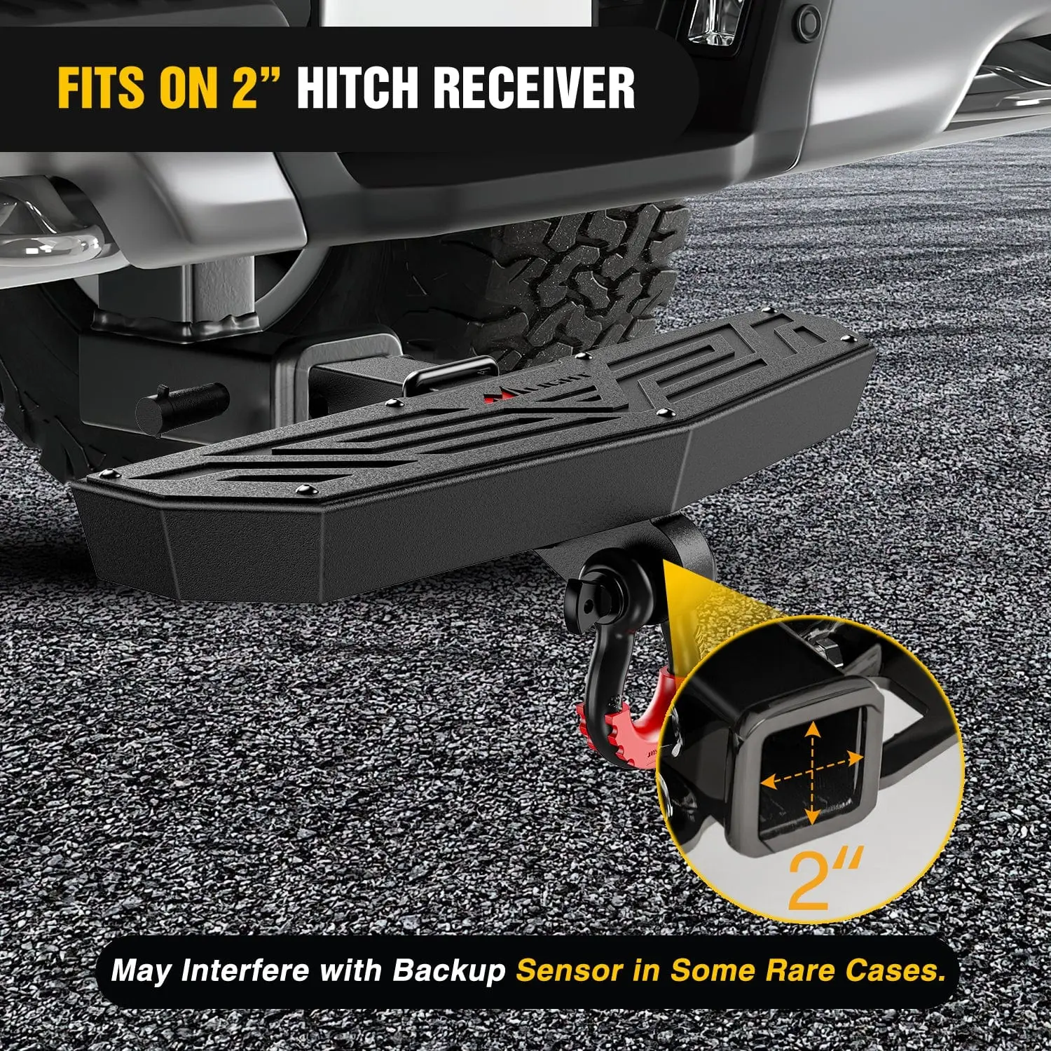 Escalón universal para enganche de remolque (receptor de 2 pulgadas) con grillete en D antirrobo, cerradura y estabilizador; diseño antideslizante y protector de parachoques trasero para camionetas, furgonetas, SUV y vehículos todoterreno (ATV).