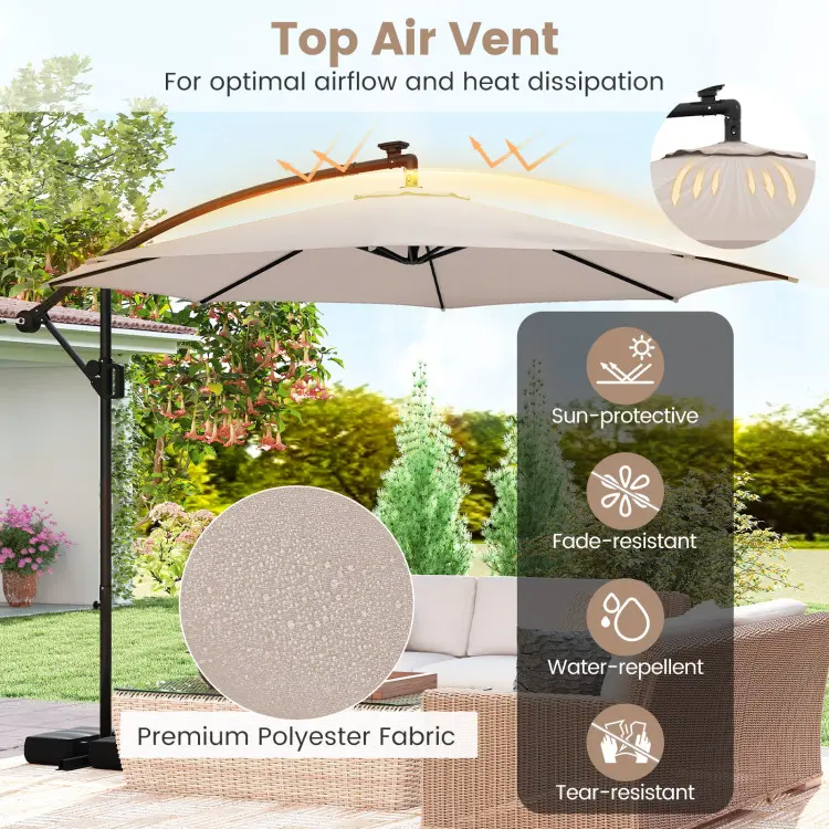Sombrilla solar voladiza para patio de 10 pies con base — Sombrilla colgante descentrada para exteriores con 96 luces LED, 9 modos, ajuste de inclinación y rotación de 360° con manivela — Ideal para piscinas, patios, terrazas y jardines — Ofertas exclusiv