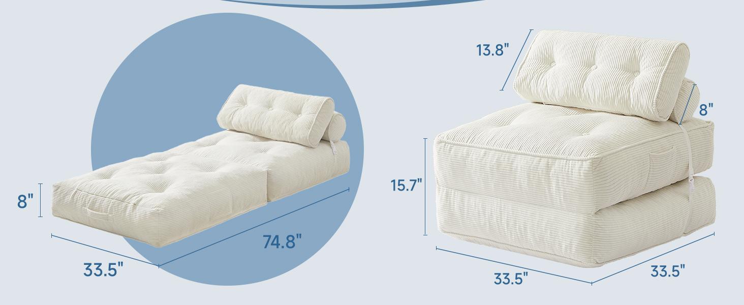 【SummerVibes】ONBRILL Folding Sofa Bed with Pillow, Convertible Sleeper Chair with Back Support, Corduroy Portable Fold Out Chair Bed, Comfy Floor Sofa Lounge for Living Room, Single