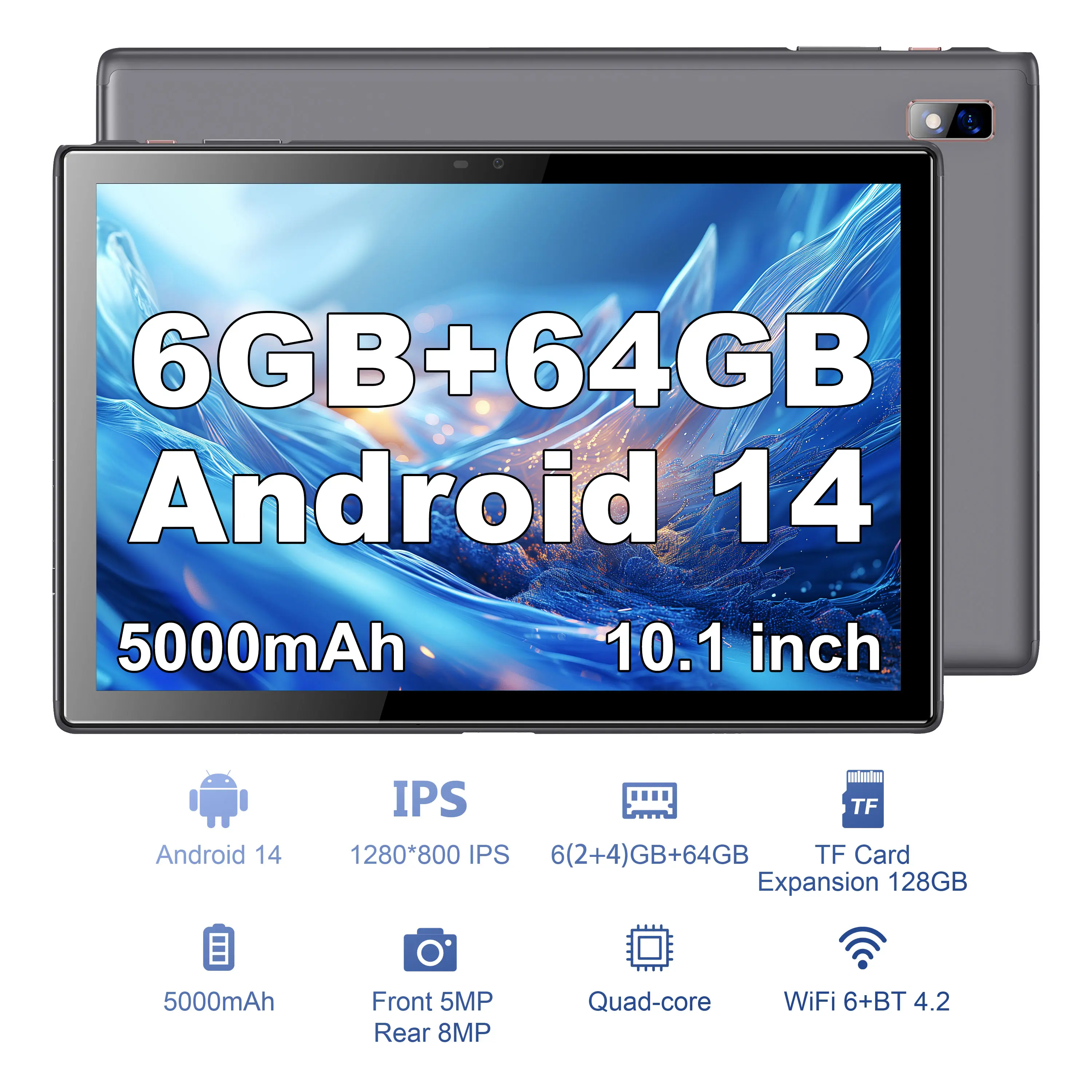 Protector de pantalla de 10.1 pulgadas para tablets Android 14 (con funda incluida) — 6 GB (2+4) + 64 GB, procesador de cuatro núcleos, cámara dual de 5+8 MP — Ideal para regalar — Con Bluetooth inalámbrico y cámara trasera (estilo smartphone)